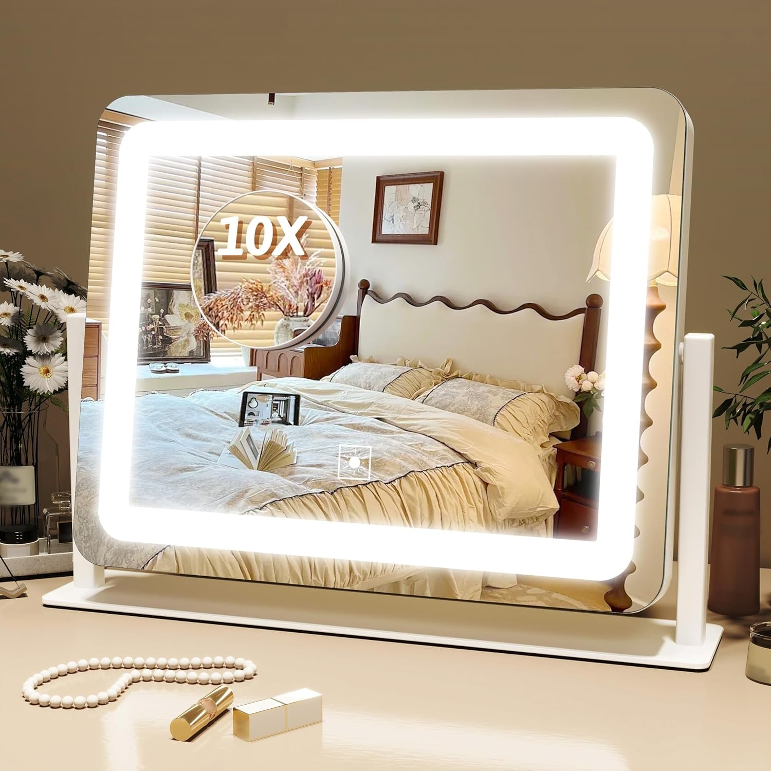 FENNIO Vanity Mirror with Lights, 12″ x 16″ Lighted Makeup Mirror with Smart Touch Control, 3 Color Modes & Brightness Adjustable, LED Makeup Mirror with 10X Magnification, 360° Rotation for Bedroom