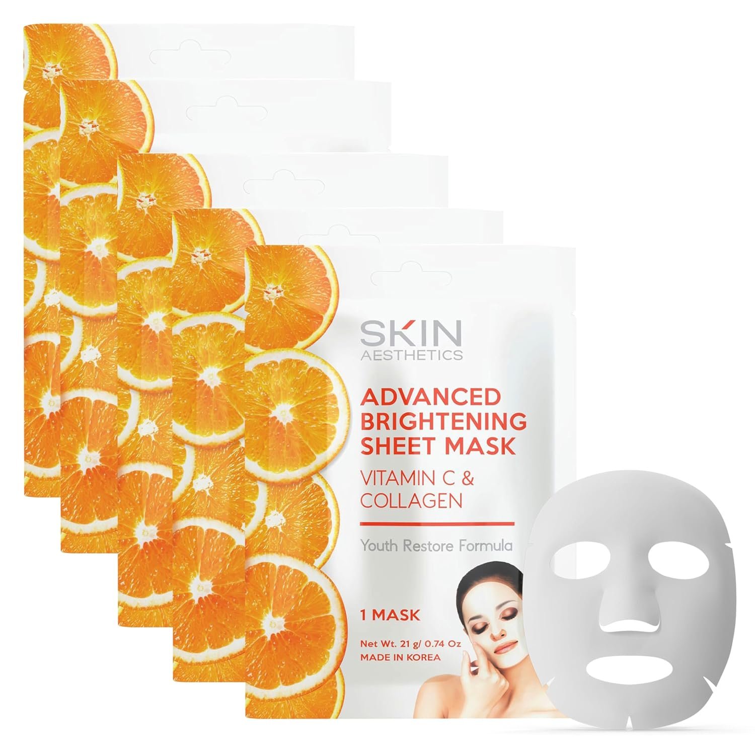 Skin Aesthetics Vitamin C & Collagen Sheet Face Mask – Reduces Wrinkles & Age Spots, Hydrating – Dermatologist Tested Korean Skincare – Clean Beauty, Cruelty-Free – 5 Masks
