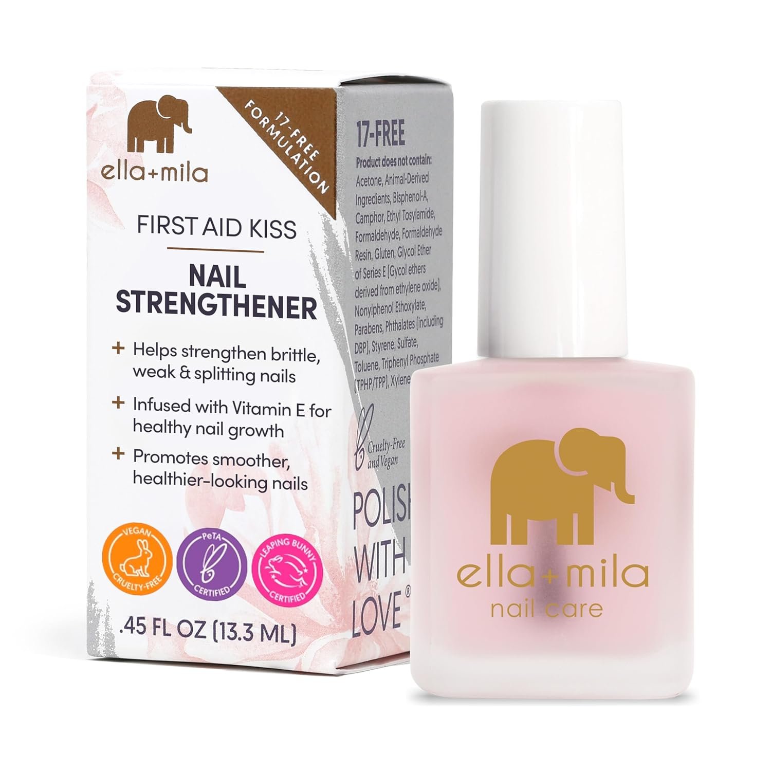 ella+mila Nail Strengthener and Growth Treatment – First Aid Kiss Nail Hardener for Damaged Brittle Thin Nails – Strengthening Polish with Vitamin E – Vegan (0.45 fl oz)