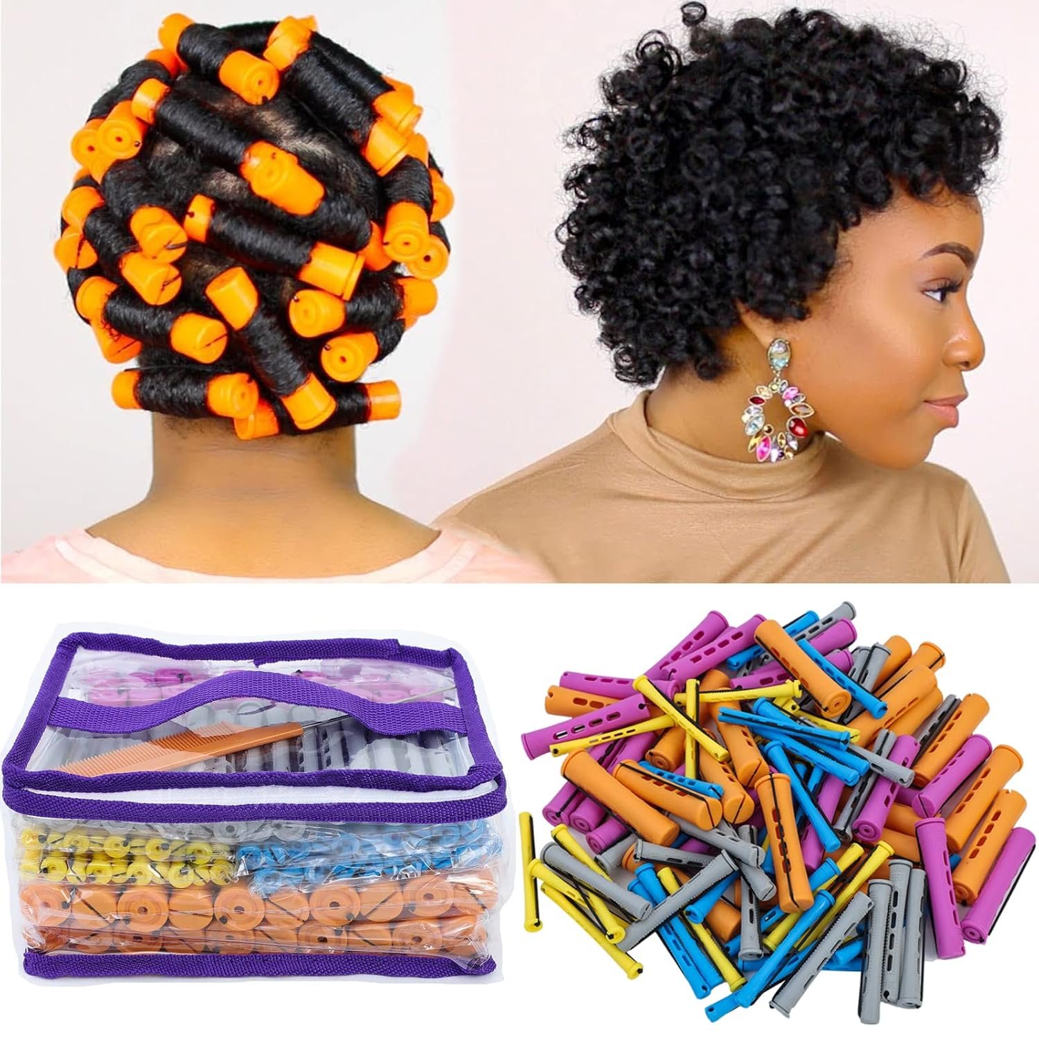 100pcs Hair Curling Rods Set – Plastic Cold Wave Rollers for Natural, Long or Short Hair Styling – Women’s DIY Hairdressing Tools in Orange, Purple, Gray, Blue, Yellow