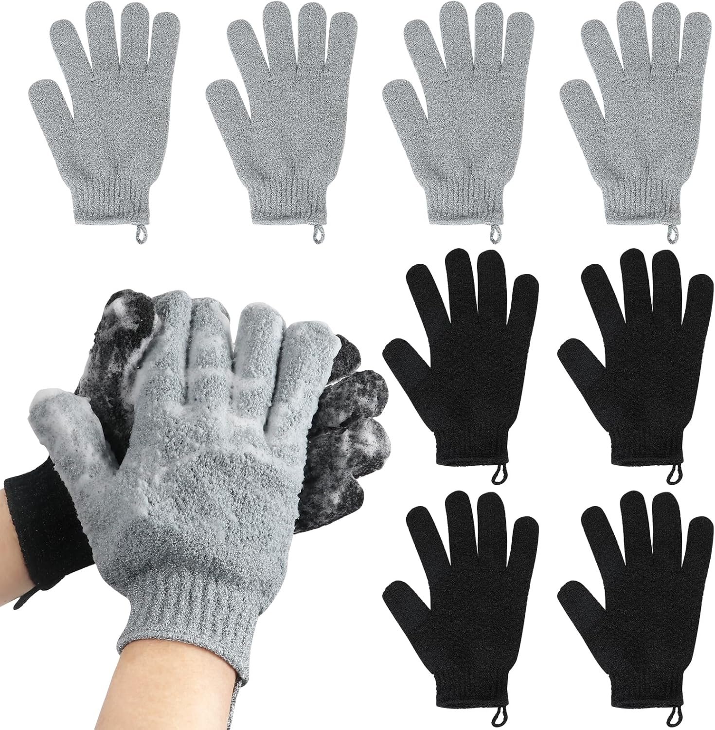Exfoliating Gloves for Big Hands 8Pack- Lengthened and Large Double-Sided Shower Gloves(4Pairs/8Pcs) for Shower, Spa, Massage – Large Bath Gloves (4Pcs Black and 4Pcs Gray)