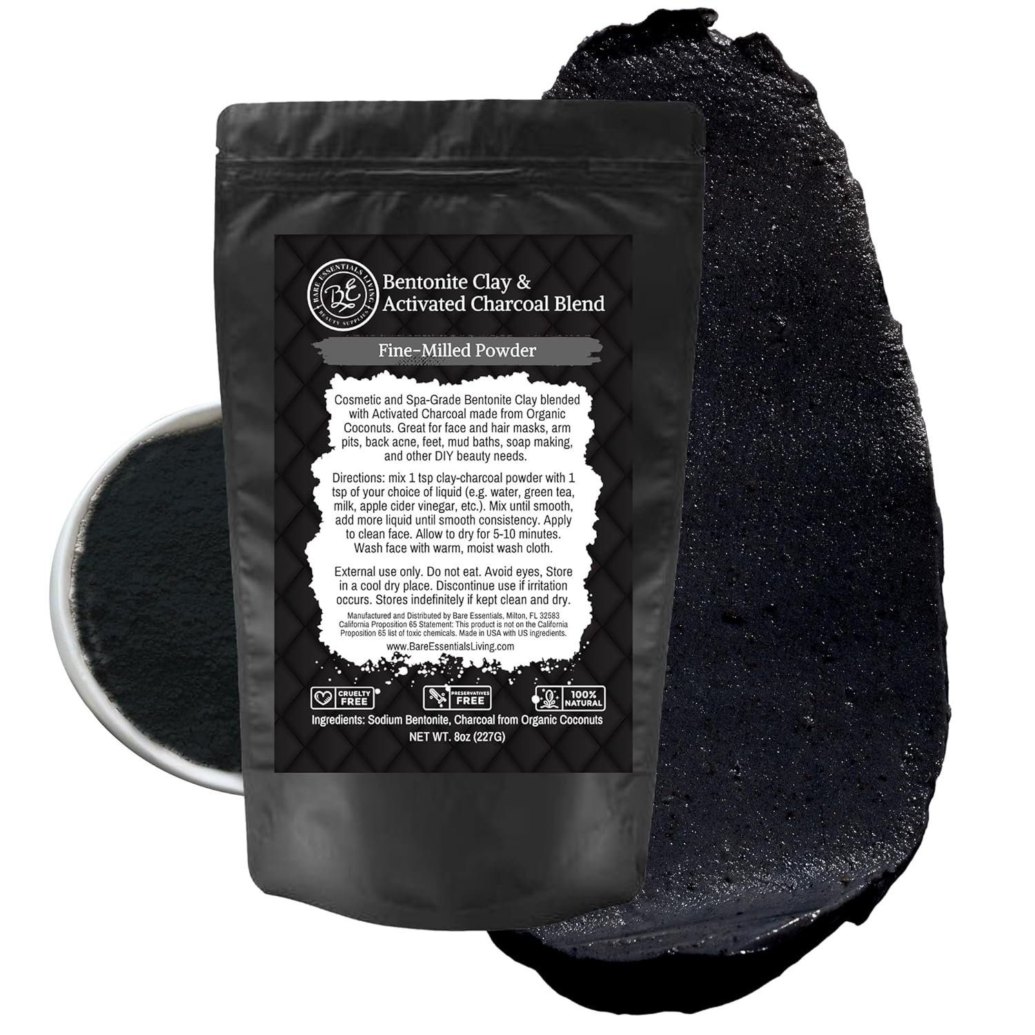 Bare Essentials Living – Bentonite Clay Powder and Activated Charcoal Powder Blend (8oz) Great for Charcoal Face Mask, Facial, Hair Mud Mask, DIY Bentonite Clay Toothpaste, & Charcoal for Soap Making