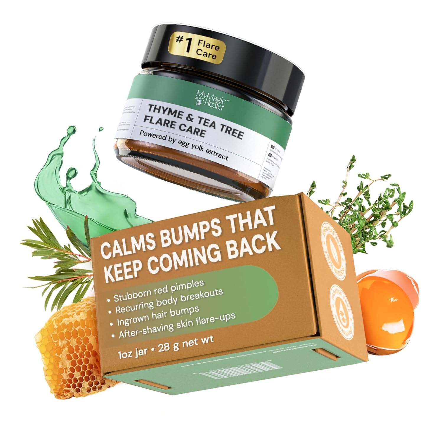 MyMagicHealer Thyme & Tea Tree Flare Care | Cystic Acne, Folliculitis, Ingrown Hair, Keratosis Pilaris, Razor Bumps, Body Bumps, Blind Pimples Multi-purpose Solution | w/ Egg Yolk & Tea Tree 1 oz