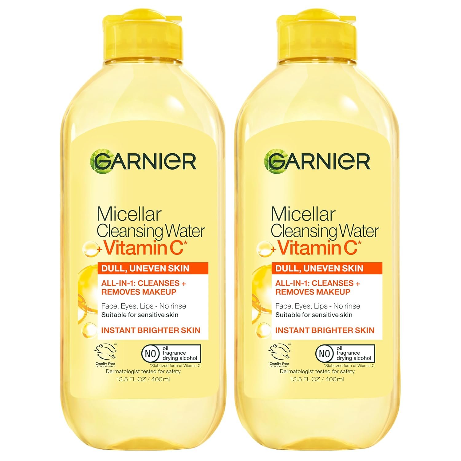 Garnier Micellar Water with Vitamin C, Facial Cleanser & Makeup Remover, Brightening & Hydrating, For All Skin Types, Vegan, Cruelty Free, 13.5 Fl Oz (400mL), 2 Count