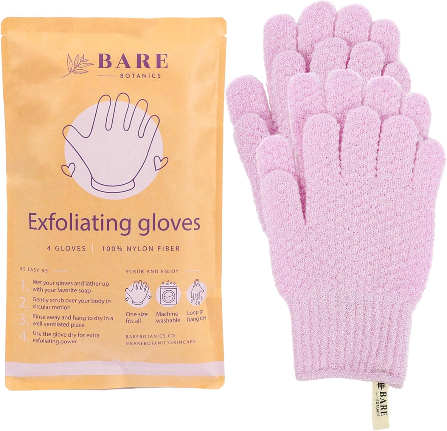 Bare Botanics 4 Pack Lavender Exfoliating Shower Gloves – 100% Nylon Fibers for Gentle Exfoliation – for Both Wet or Dry Exfoliation – Machine Washable – Vegan & Cruelty-Free