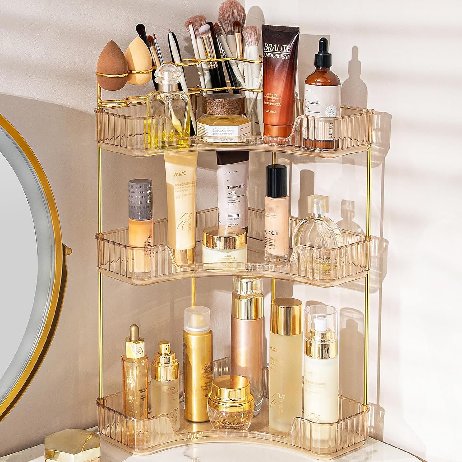 NATURE’S SOURCE Makeup Organizer for Vanity, 3-Tier Corner Bathroom Organizer Countertop with Makeup Brush Holder, Bathroom Counter Storage for Dresser-Amber Gold