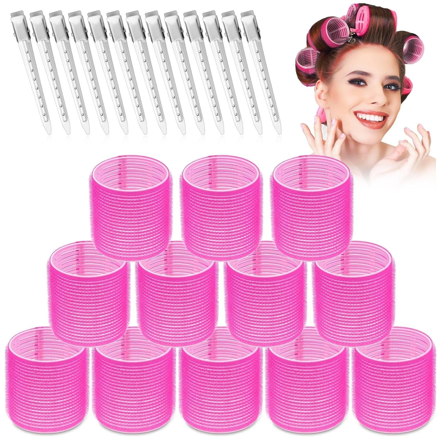 Jumbo Hair Rollers Set – 24 Pieces with 12 Large Rollers and 12 Clips for Voluminous Long Thick Hair (Hot Pink)