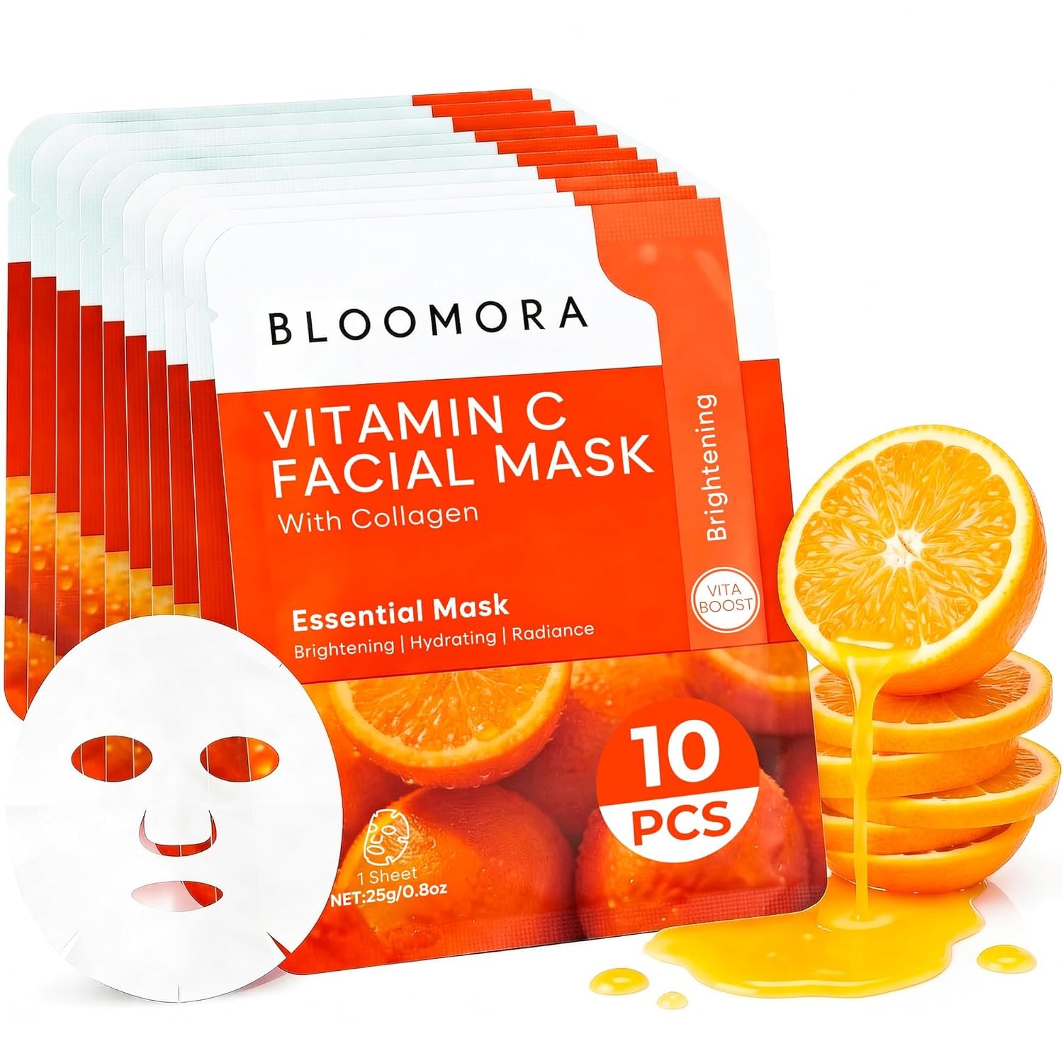 BLOOMORA 10 Pack Vitamin C + Collagen Face Mask Set, Vitamin C Face Sheet Mask for Radiant Skin Care, Hydrating Sheets for All Skin Types, Moisturizing Care for Glow & Firmness, Spa Gifts for Women