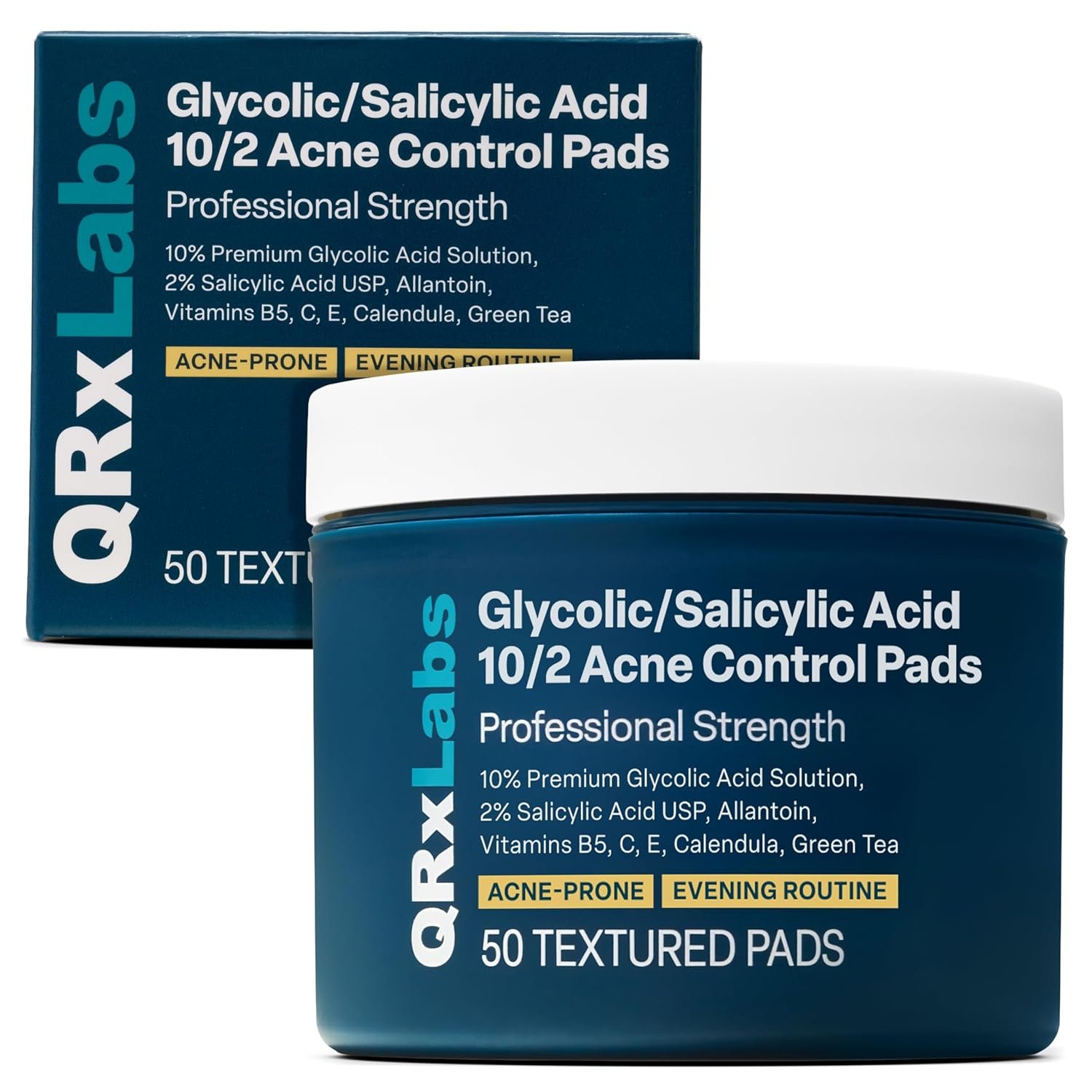QRxLabs Salicylic & Glycolic Acid Acne Clearing Pads – 2% Salicylic & 10% Glycolic Acid – Exfoliating Pads for Acne, Bacne, Butt Acne, Body Acne – Daily Pads – 50ct