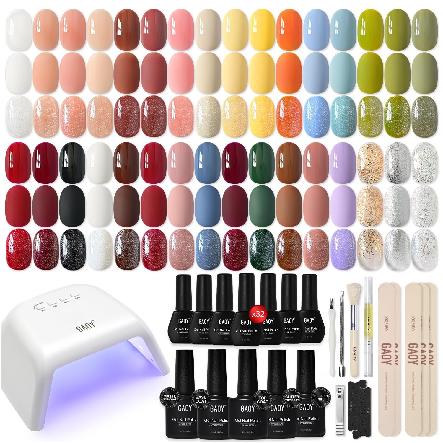 GAOY Gel Nail Polish Kit with UV Light, 32 Colors Gel Polish Set Red Black White Nude Glitter with 5 Pcs Soak off Base Glossy Matte Glitter Top Coat & Builder for Nail Art DIY Manicure at Home