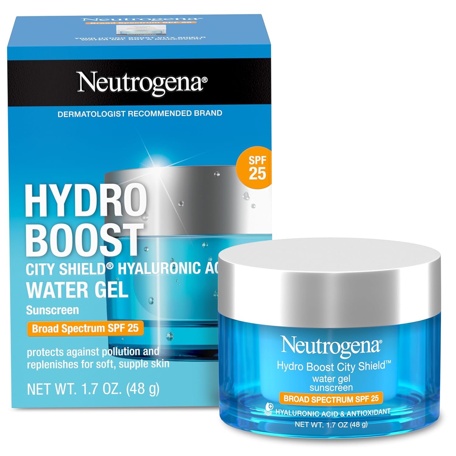 Neutrogena Hydro Boost City Shield Water Gel Face Moisturizer with Broad Spectrum SPF 25 Hydrating Facial Sunscreen with Hyaluronic Acid Oil Free and Noncomedogenic Face Lotion, 1.7 oz