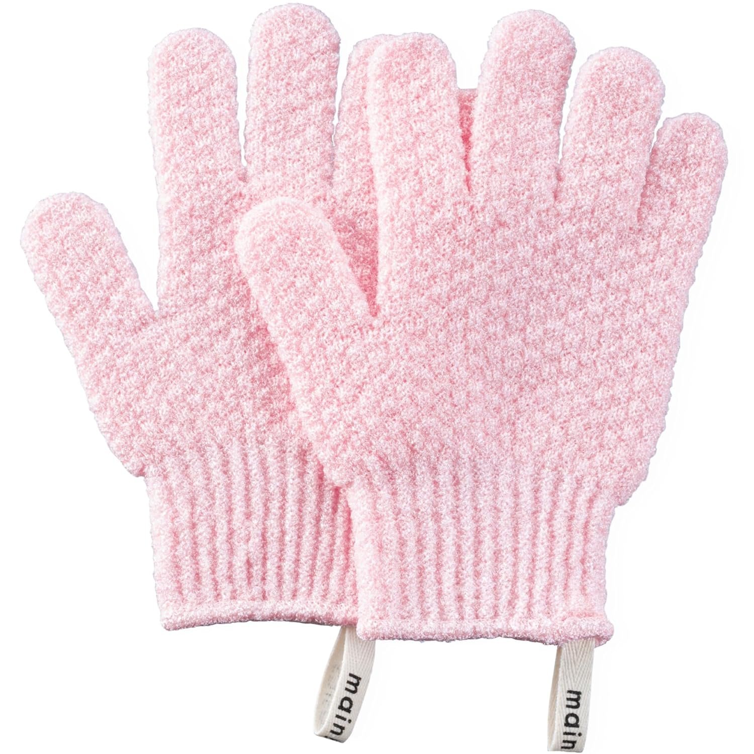 MainBasics Deep Exfoliating Bath Gloves – Heavy-Textured Nylon Shower Scrub for Dead Skin Removal – Machine Washable (1 Pair, Soft Pink)