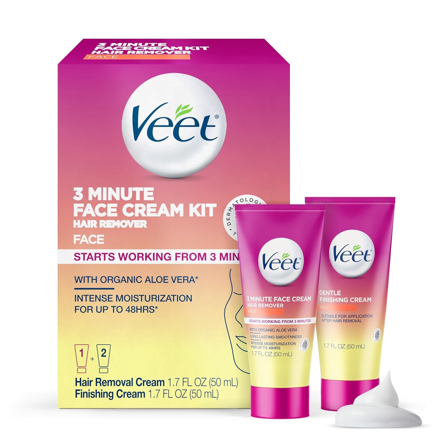 Veet 3 Minute Facial Hair Removal Cream for Women, Depilatory Cream with Organic Aloe Vera, 2 Piece Women’s Facial Hair Remover Kit, 1.7 Fl Oz Remover + 1.7 Fl Oz Finishing
