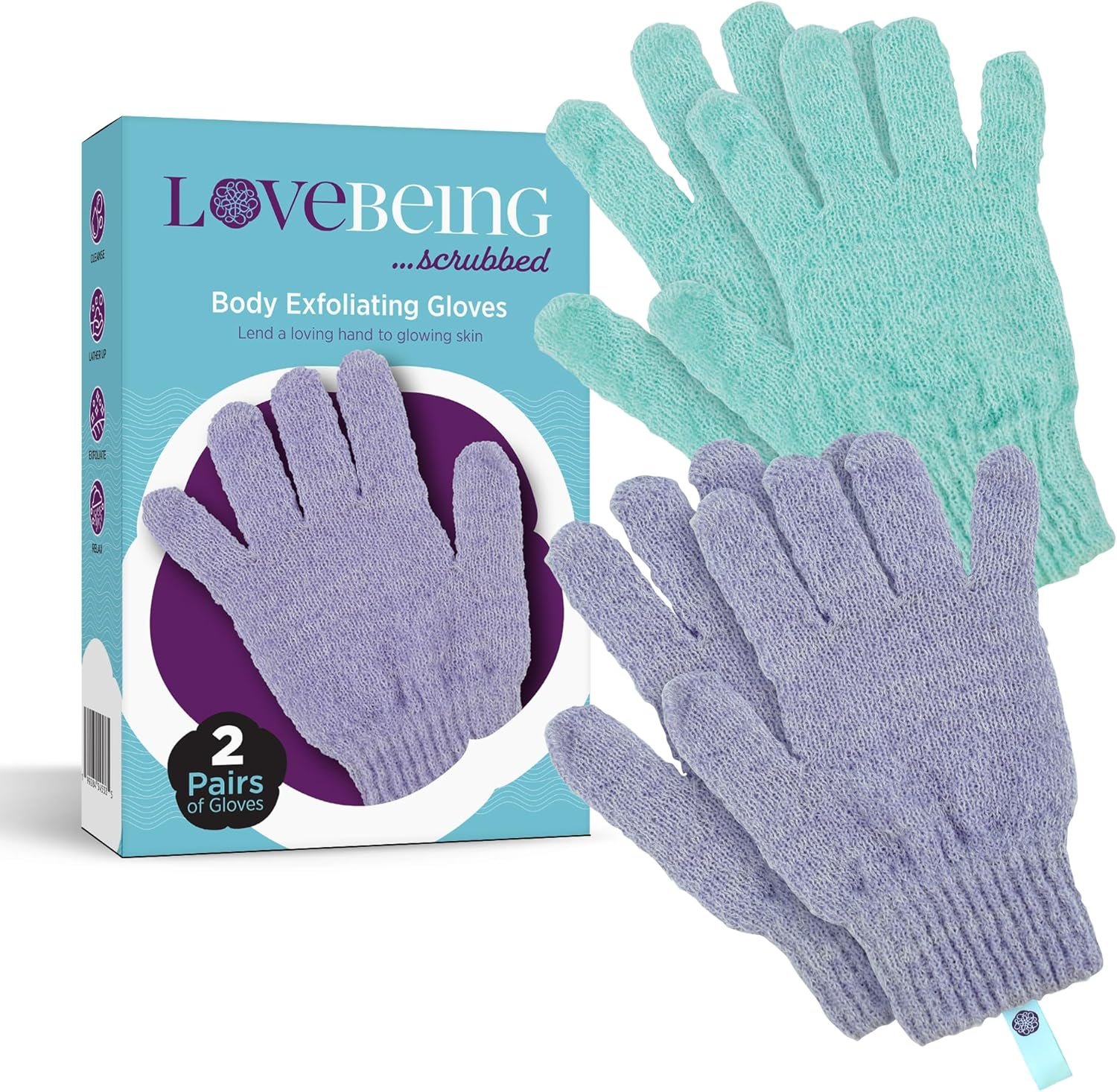 Love Being Scrubbed Body Exfoliating Gloves (2 Pair, 4 Count, Assorted Colors), Stretchy Exfoliating Body Scrubber for Bath & Shower, Body Exfoliator for Women & Men for Softer, Smoother Skin