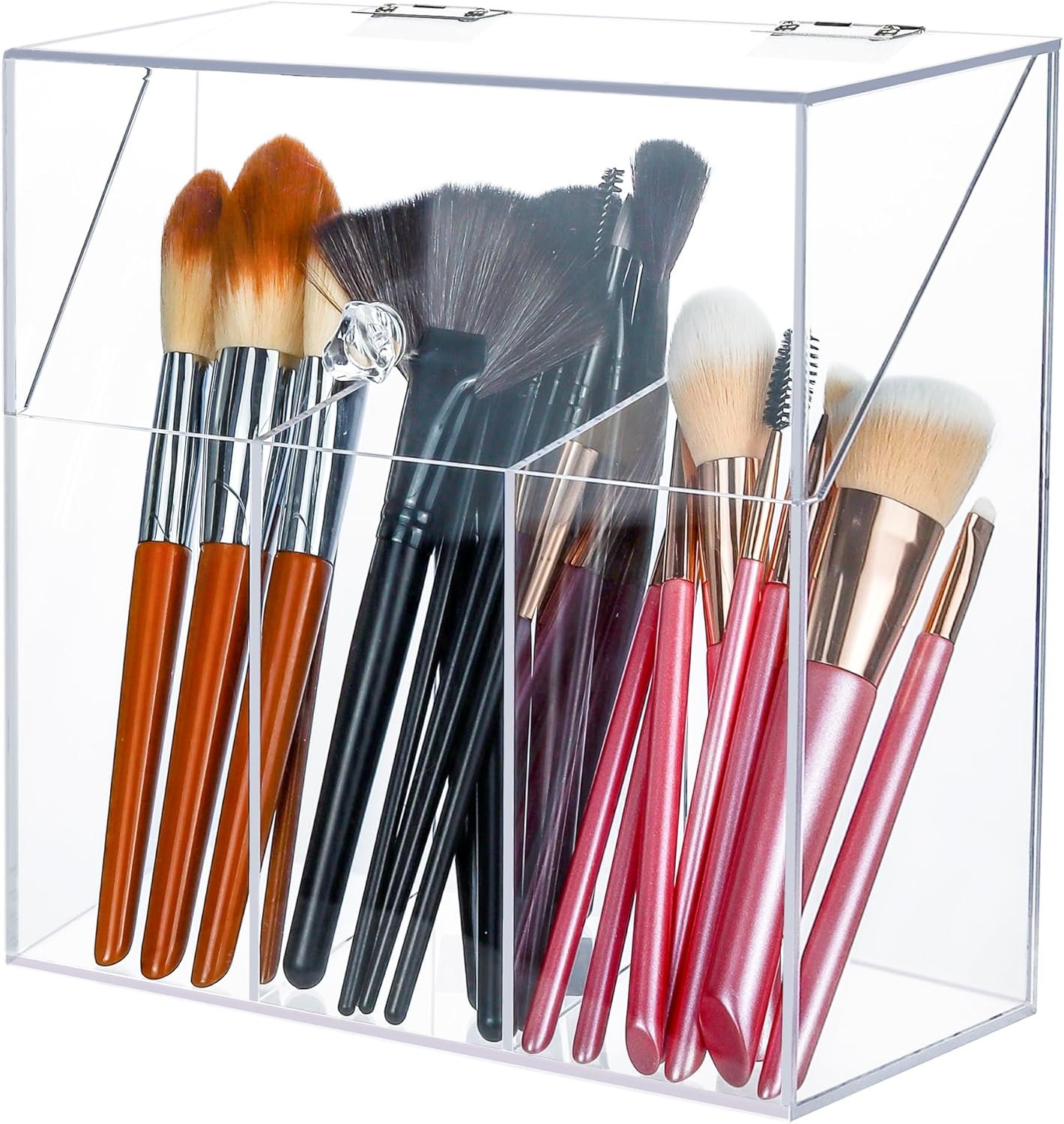 Acrylic Makeup Brush Holder with Lid – Clear Cosmetic Makeup Brush Organizer and Storage Box with Cover for Vanity – Large Capacity 3-Slots Container for Brushes (Clear)