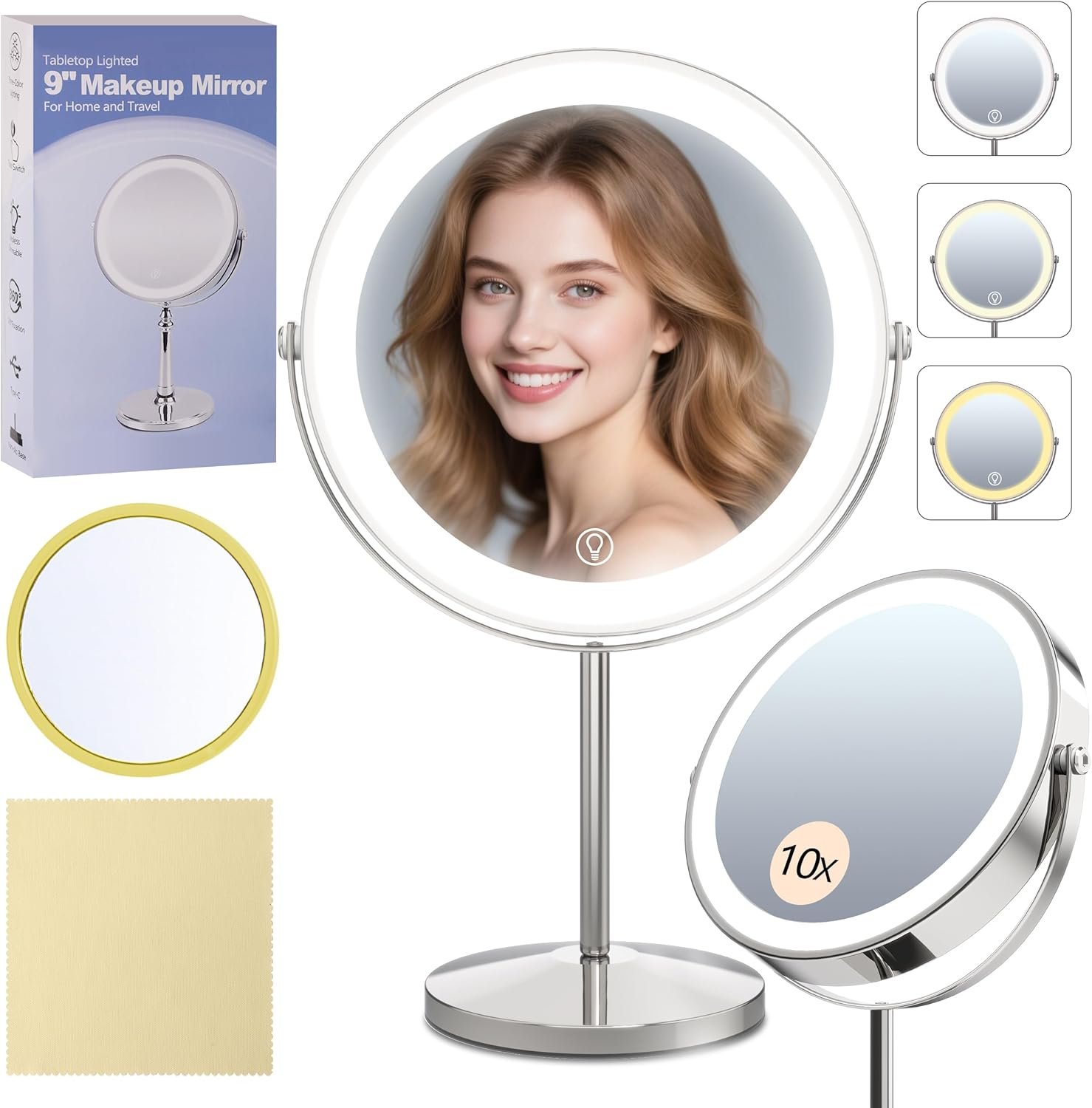 9″ Magnifying Mirror with Light 1X/10X, Makeup Mirror with Light includes small mirror, 2000mAh Rechargeable, 360° Rotation, 3 Color Modes, Double-Sided, Ideal for Eyebrows, Lenses & Skincare
