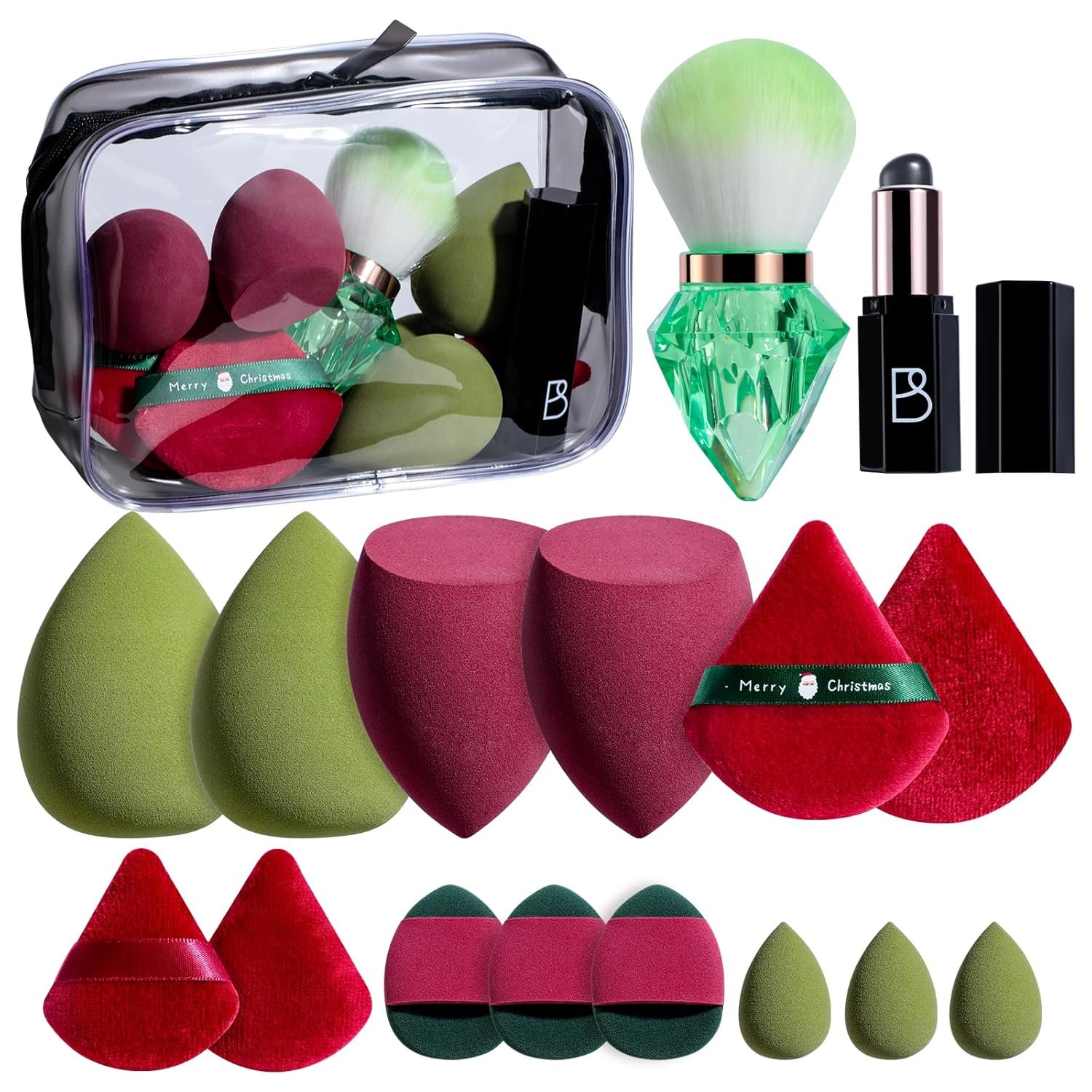 BS-MALL 14 Pcs Portable Makeup Sponge Set With Diamond-shaped Kabuki Powder Brush – Makeup Sponge, Triangle Puff And Multi-functional Sponges For Liquid, Cream,With Travel Case (Green Red)