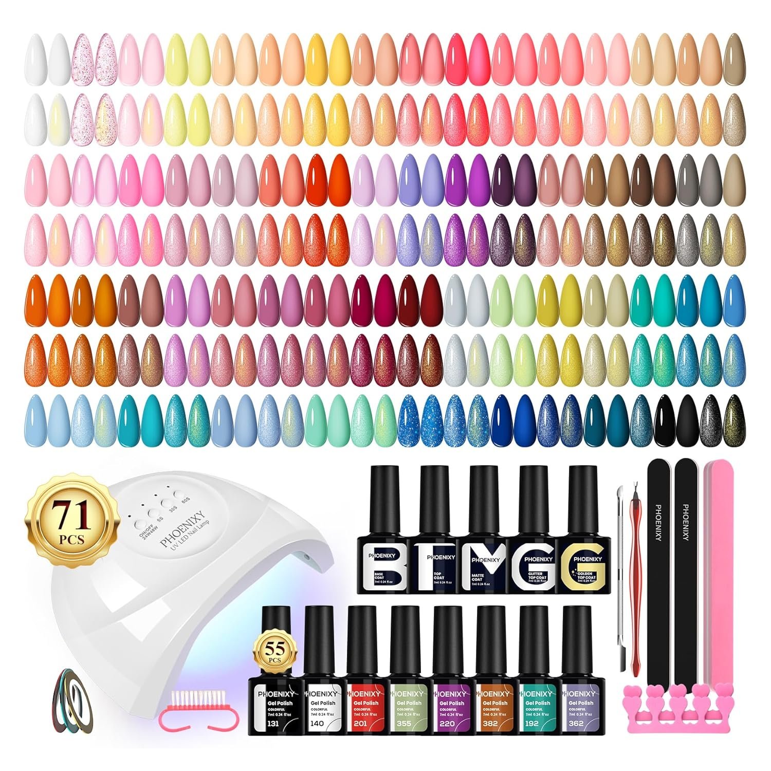 Phoenixy 71 Pcs Gel Nail Polish Kit with UV Light, 55 Color Nude Gel Nail Kit 5pcs Base Glitter Top Coat Nail Art Manicure Set for beginners with Everything DIY Gift for Women
