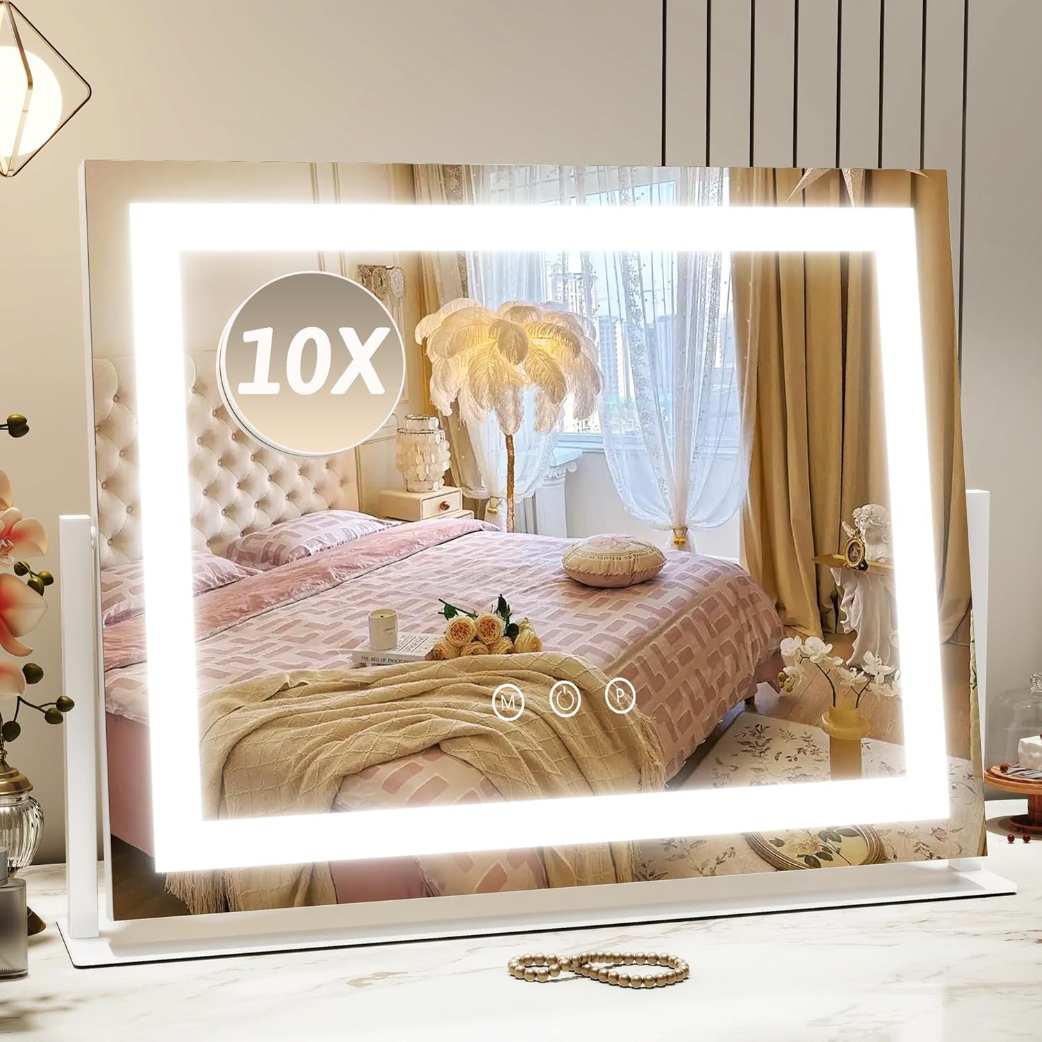 ROLOVE Vanity Mirror with Lights 22″x18″, Lighted Makeup Mirror with 10X Magnification, Smart Touch 3 Colors Dimmable, 360° Rotation, Women Gift, Dresser Mount, Bathroom (White)