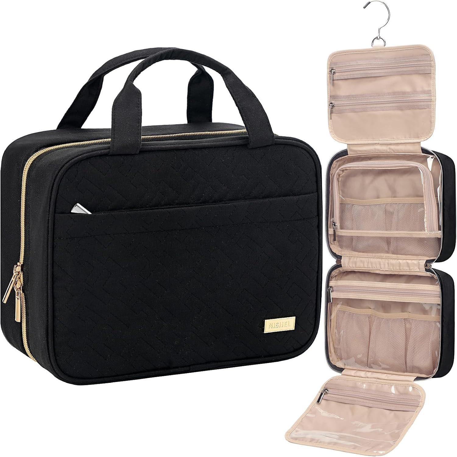 NISHEL Travel Toiletry Bag for women, Portable Hanging Organizer for Travel-Sized Shampoo, Conditioner, Brushes Set, makeup Accessories, Medium Size, Black