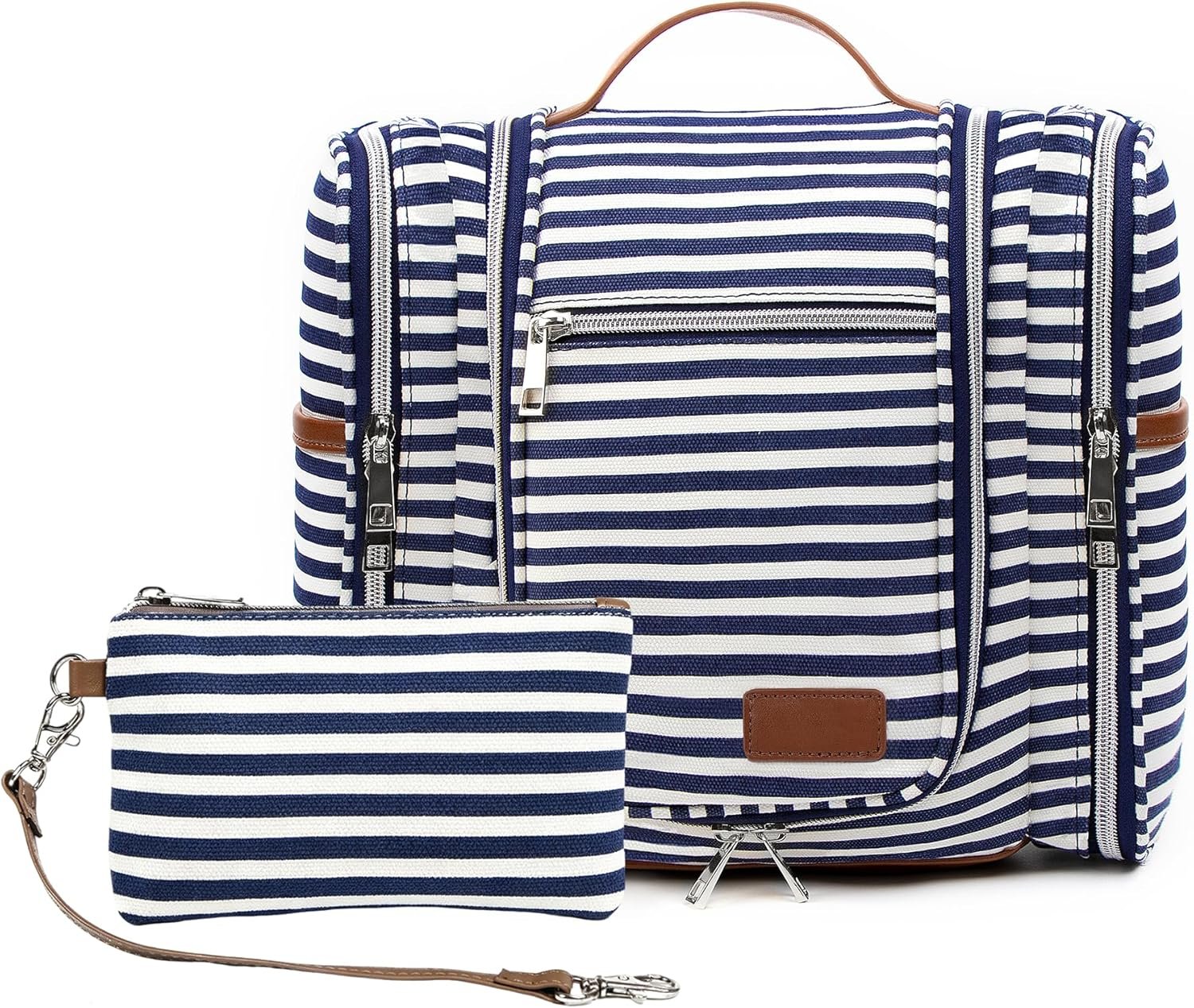 Pearl Angeli Hanging Toiletry Bag for Women and Men, Large Makeup Cosmetic Bag, Water Resistant Toiletries Travel Essentials Organizer, Full-size Container, Navy-striped