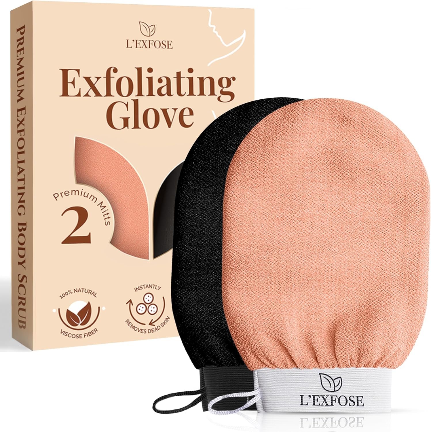 L’Exfose Kessa Hammam Deep Exfoliating Glove 2pc – Korean Exfoliating Mitt for Shower Ideal for Dead Skin Remover, Keratosis Pilaris & Self-Tanning to Improve Skin Tone Made with 100% Natural Viscose