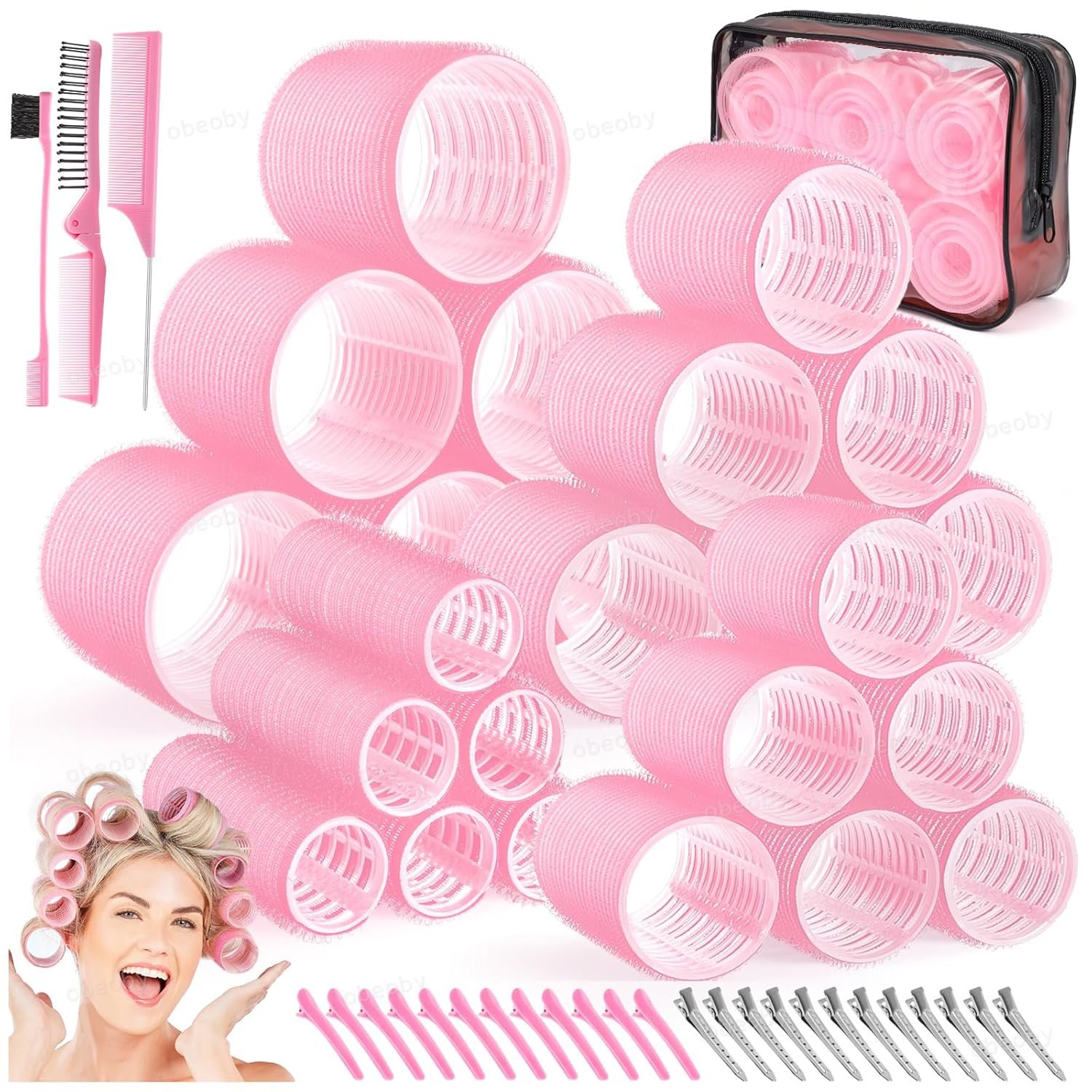 Obeoby 4 Sizes Hair Rollers for Women, Hair Curlers with Clips Comb Curlers for Long Short Curly Hair and Bangs (25, 36, 48, 60mm), Pink Mothers Day Birthday Gifts