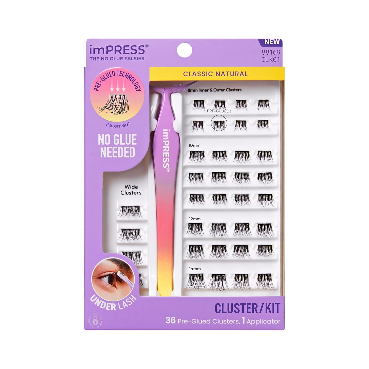 Kiss Impress Falsies Self Adhesive Eyelashes, Press On Lashes, 12mm-14mm Natural Volume Lashes, Black, No Glue Needed, Invisible Band, 36 Lash Clusters & Non-Stick Applicator – Natural