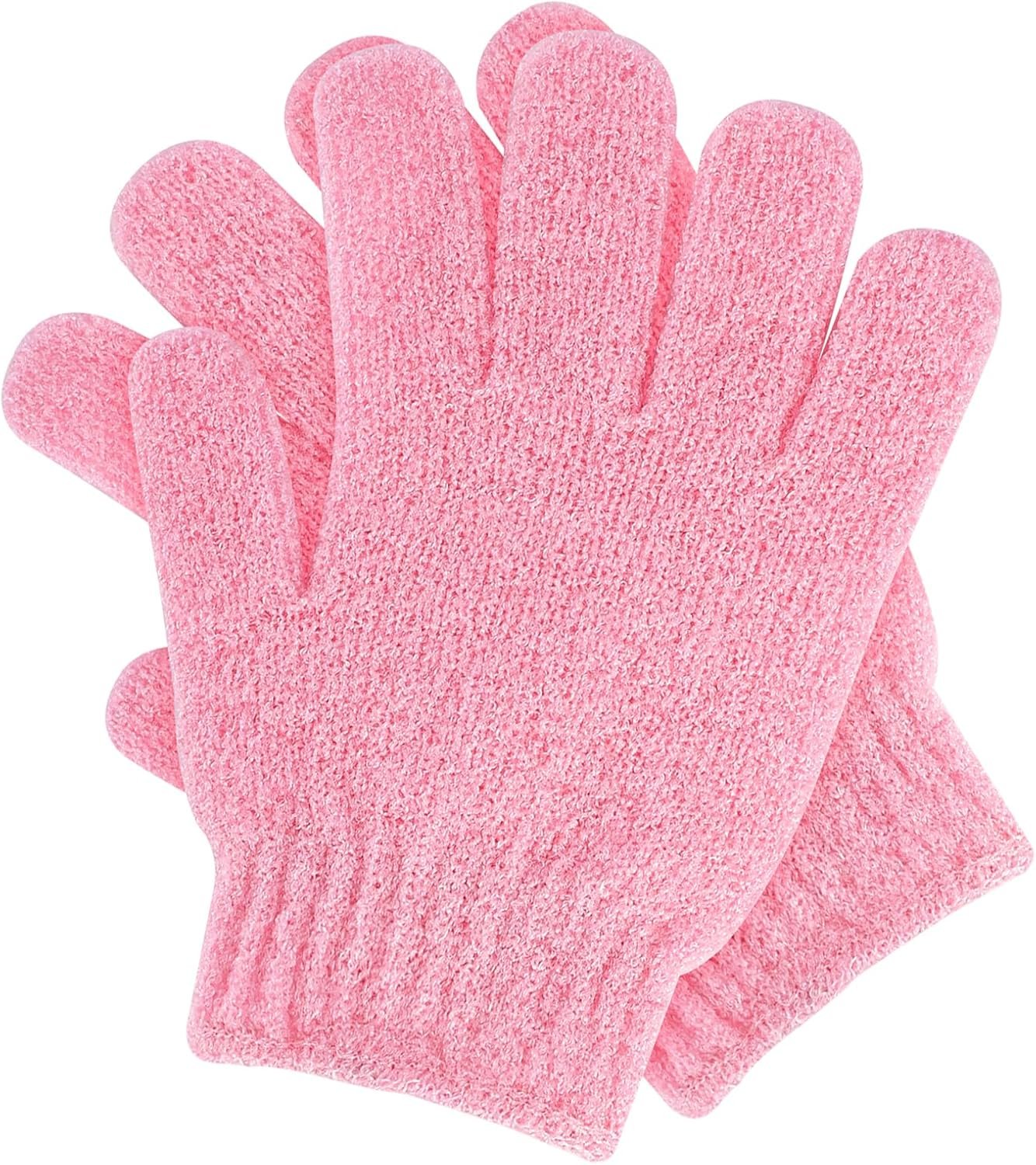 Sibba 2Pcs Exfoliating Wash Gloves Dual Texture Bath Gloves for Shower Body Scrub Exfoliating Mitt Dead Skin Remover Exfoliator Mitten Natural Body Loofah Washcloth (2pcs Pink)