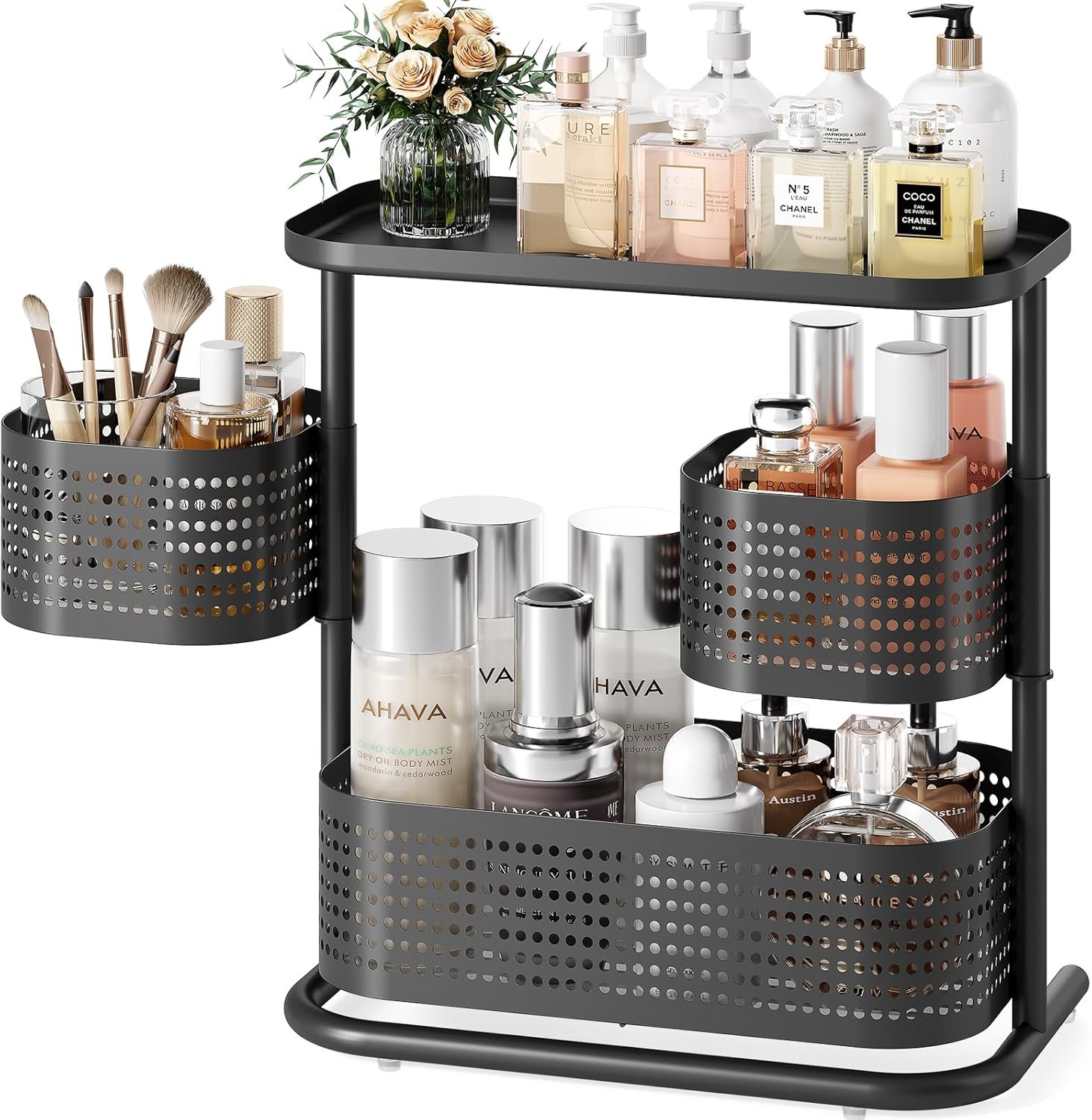 3 Tier Bathroom Counter Organizer, Rotating Countertop Vanity Storage Cabinet with Standing Shelf, Cosmetic Holder for Skincare & Makeup, Kitchen Spice Rack, Bedroom Nightstand Organizer, Black