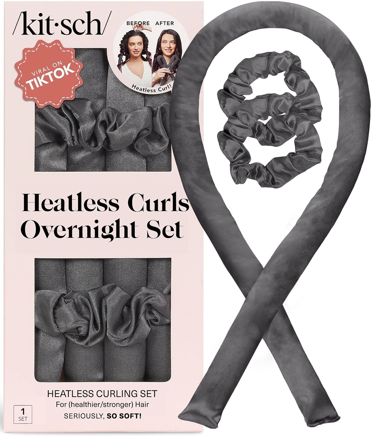 Kitsch Satin Heatless Curlers Set – Heatless Curls Overnight w/ 34″ Hair Waver & 2 Satin Hair Scrunchies, Comfortable Hair Curlers to Sleep In for Frizz-Free, No Heat Damage Styling – Charcoal