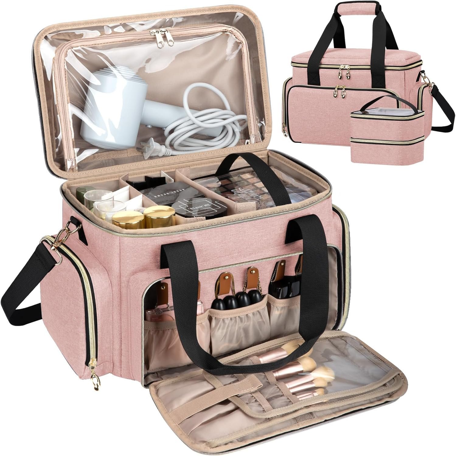 GDNasist Large Makeup Bag, Portable Travel Makeup Bag Organizer for Women Girls with 2 Removable Pouches & Detachable Dividers, Cosmetic Travel Bag, Toiletry Bag for Makeup and Hair Supplies Pink