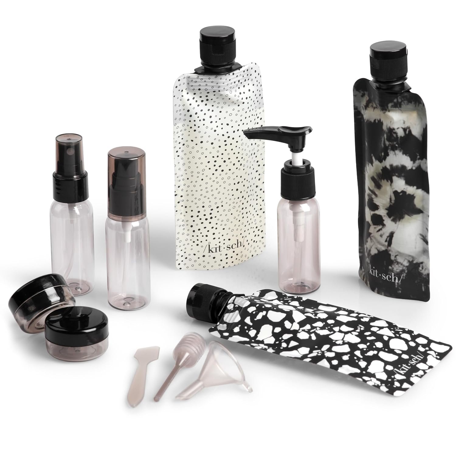 Kitsch 11 PCS Travel Containers for Toiletries – Travel Essentials Kit for Shampoo, & More – TSA Approved Bottles for Travel Size Toiletries, Leak-Proof Refillable Travel Containers – Black & Ivory
