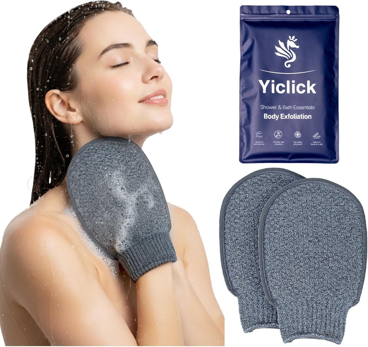 Yiclick Heavy Exfoliating Gloves Mitts, Exfoliating Body Scrubber Exfoliator For Shower Bath, Korean Body Scrub Mitts for Dead Skin Remover, Loofah Luffa Sponge Wash Cloth For Men Women