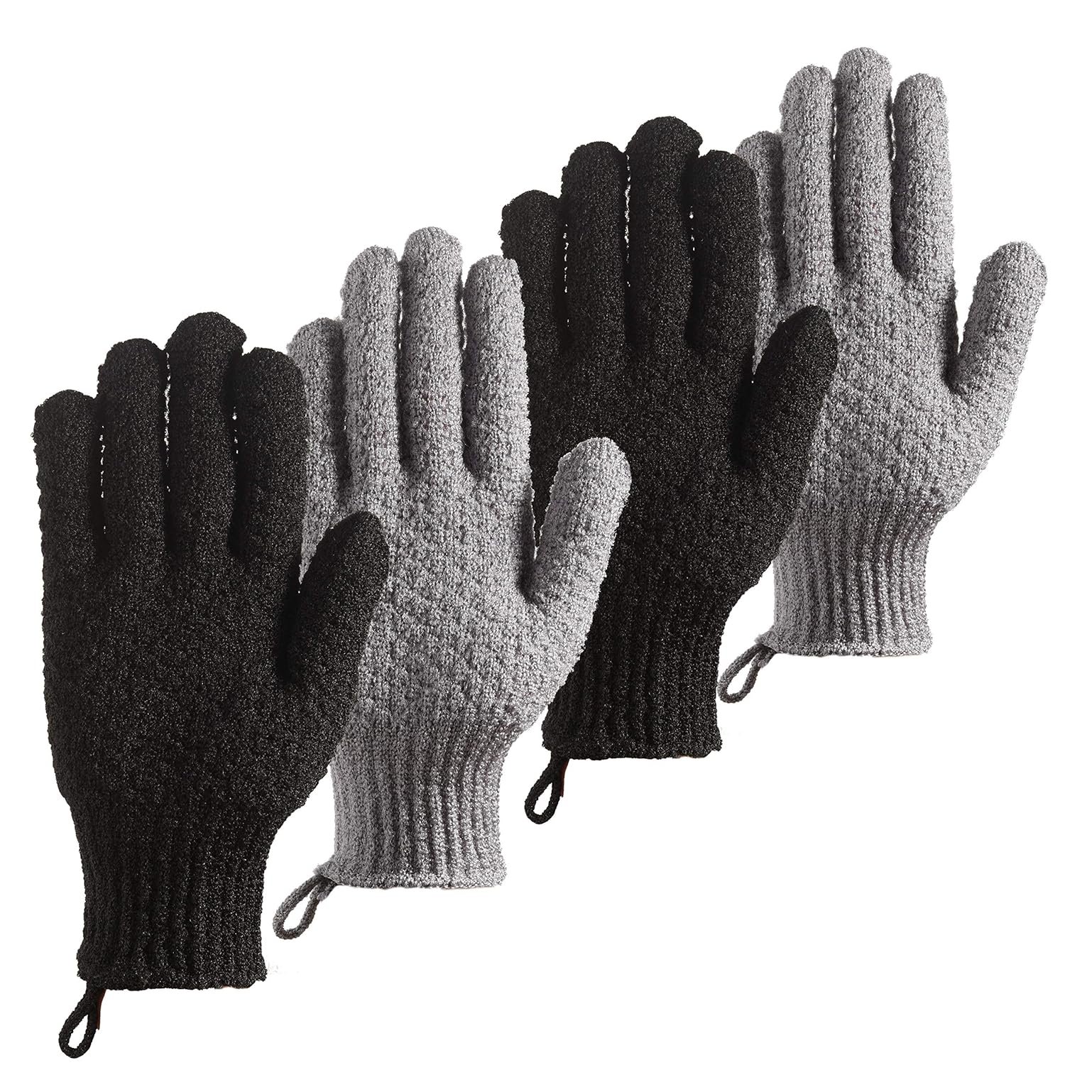 Bath Exfoliating Gloves – 4 Pcs Lengthened and Large Scrubbing Gloves for Shower, Spa, Massage – Scrub Mitts for Body, Face, Hand and Foot (Black and Gray)