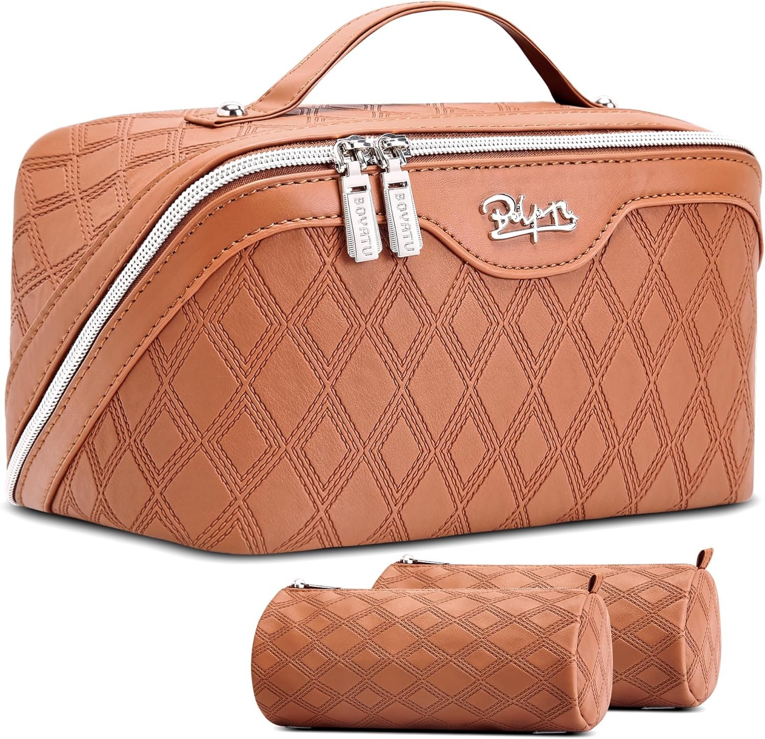 BOYATU Travel Makeup Bag for Women: Large Capacity 3-Piece Quilted Cosmetic & Toiletry Organizer – 2 Detachable Pouches Expand Storage by 50%, Open Flat for Easy Packing, Waterproof PU Leather(Brown)