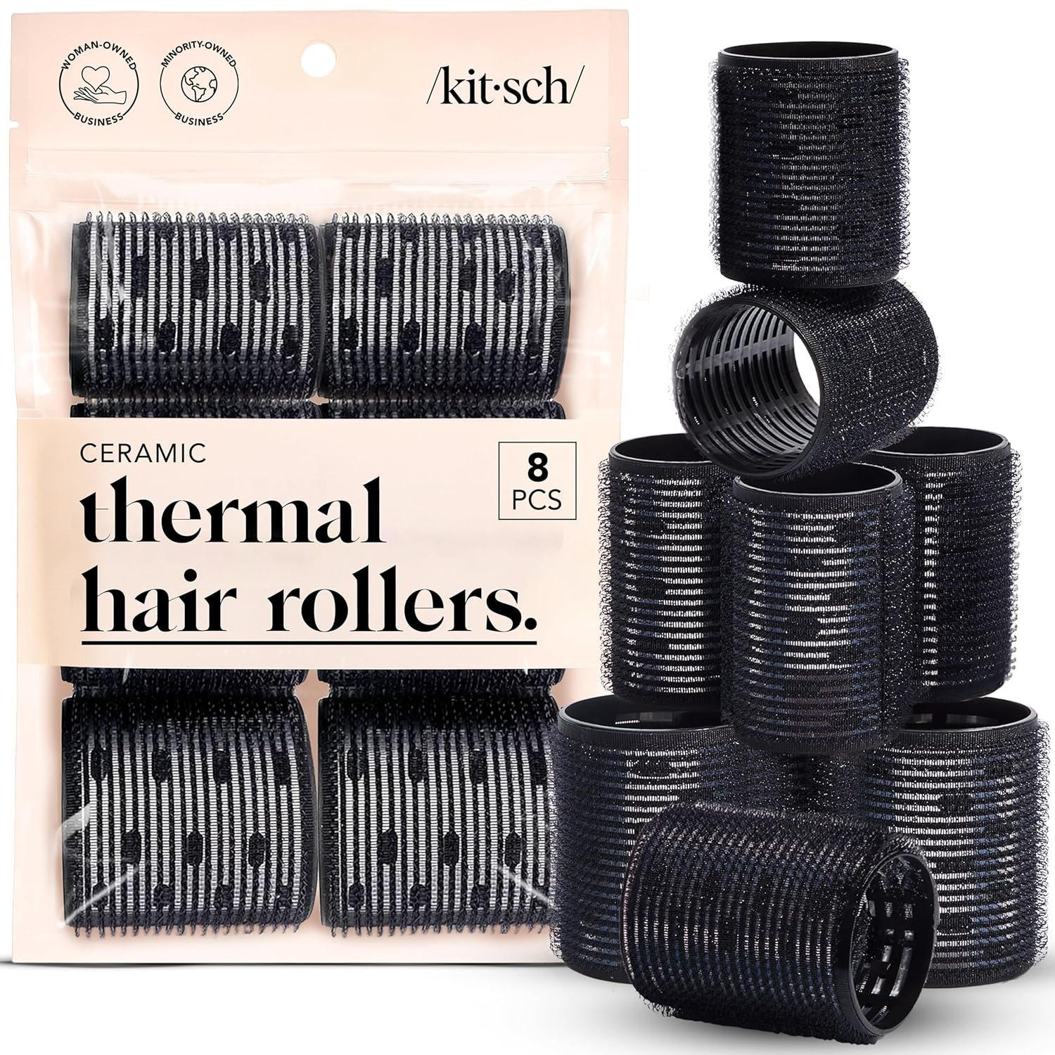 Kitsch Ceramic Hair Rollers for Women – Self-Grip Hair Curlers for Heatless Curl Overnight, Long-Lasting Frizz-Free Curls, Volumizing Large Rollers for All Hair Types – Black, 8 Count (Pack of 1)