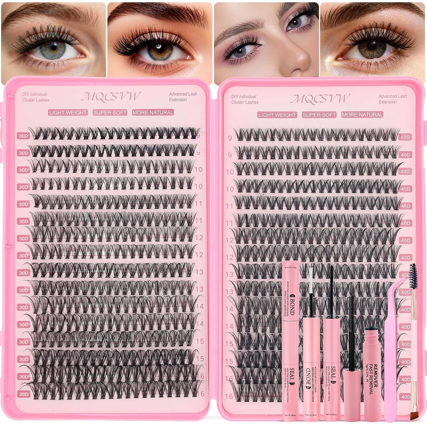 Lash Clusters Kit 640Pcs Cluster Eyelash Extensions, 30D+40D Natural Wispy False Eyelashes DIY 9-16mm Individual Lashes D Curl, with Lash Bond and Seal Remover Tweezers Brush