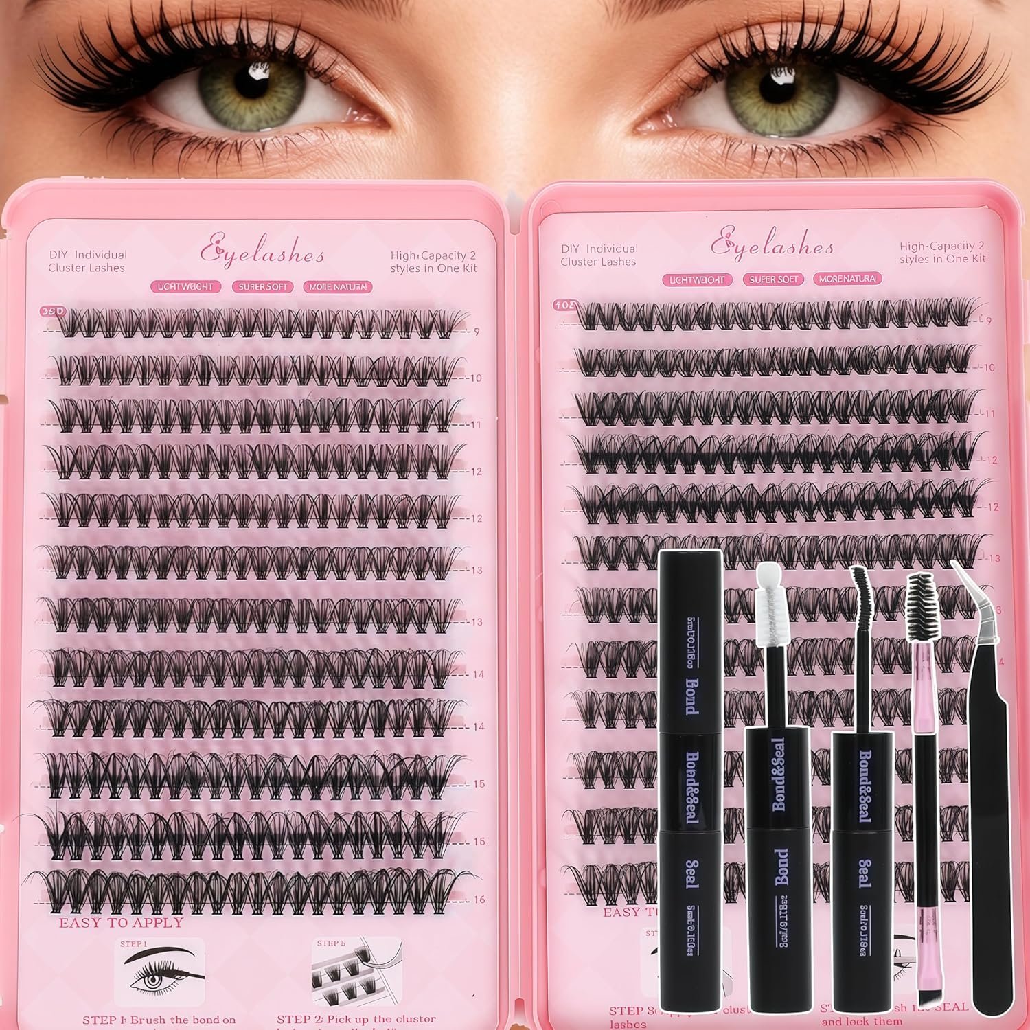 Lash Clusters Kit, Eyelash Clusters Individual Lash Extension Kit Pcs D Curl Fluffy Wispy False Eyelashes Extensions Thin Band with Bond Seal Tweezers Brush Removers (30D+40D KIT 9-16mm)