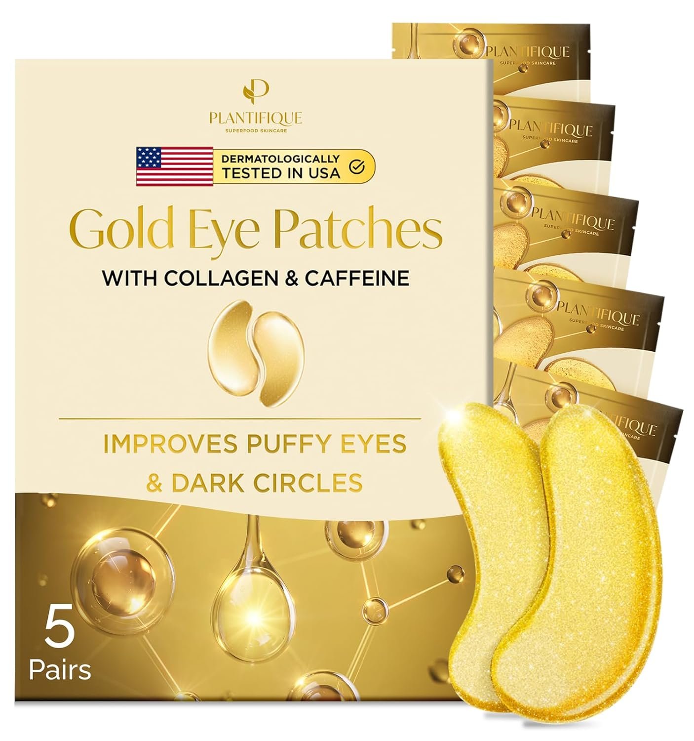 PLANTIFIQUE 24K Gold Under Eye Patches 5 Pairs – Dermatologist Tested – Hydrating Eye Masks Skincare with Collagen, Hyaluronic Acid for Dark Circles & Puffiness