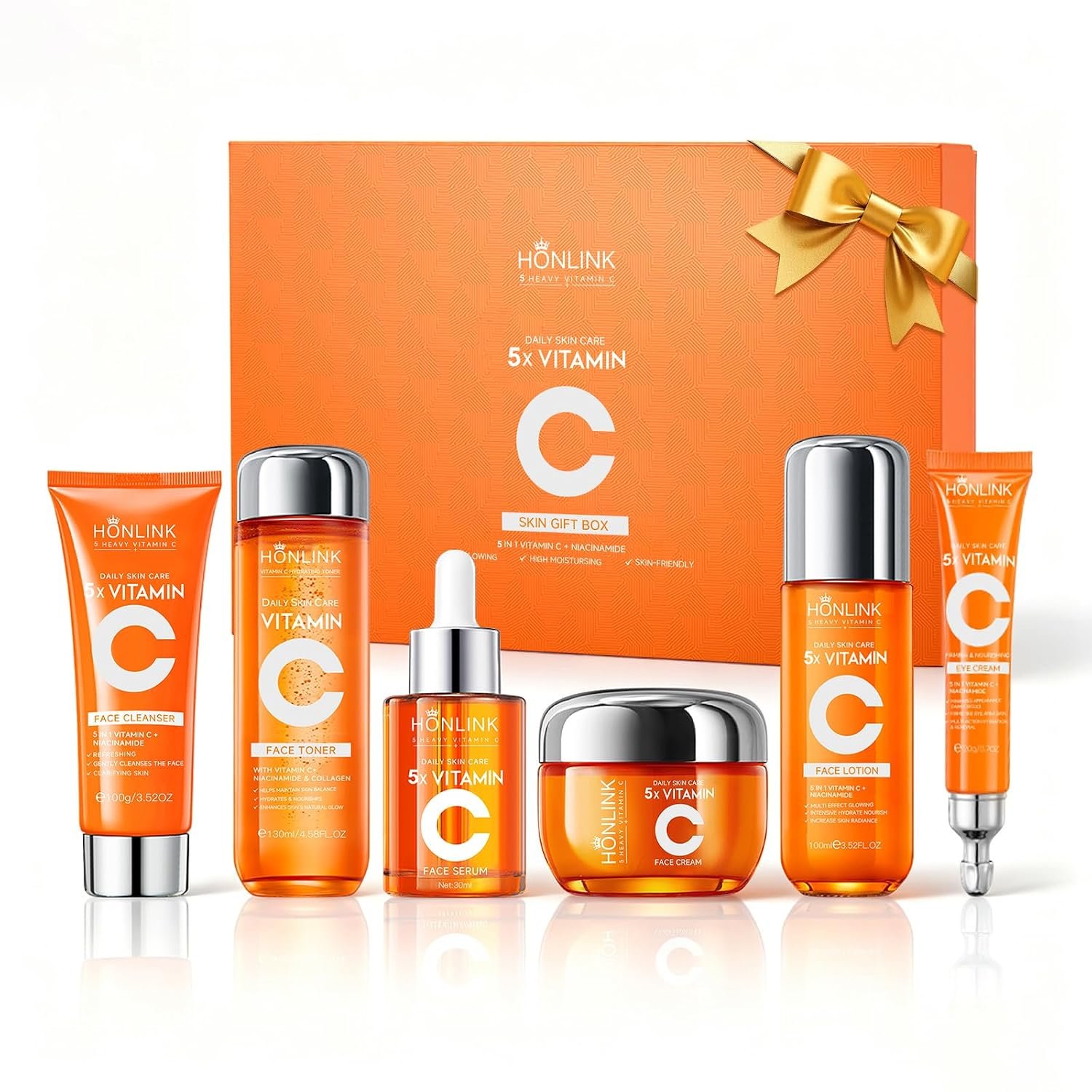 Vitamin C Skincare Set for Women, 6-Step Face Care Routine | Collagen, Niacinamide & Hyaluronic Acid Skincare Collection, Complete Daily Facial Routine & Self Care Gift for Women