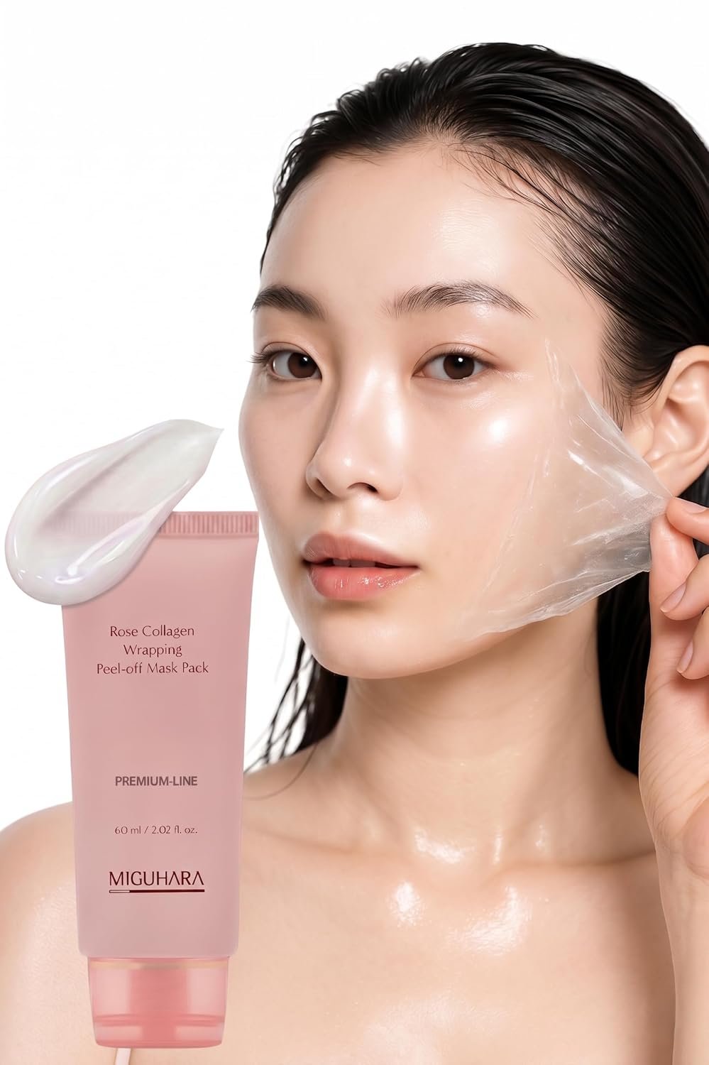 MIGUHARA Collagen Rose Wrapping Peel Off Mask | Pore Minimizer & Glass Skin Glow | Vegan Korean Face Mask with French Rosa Centifolia Flower Extract, Firming & Dullness Care, 2.02 fl.oz