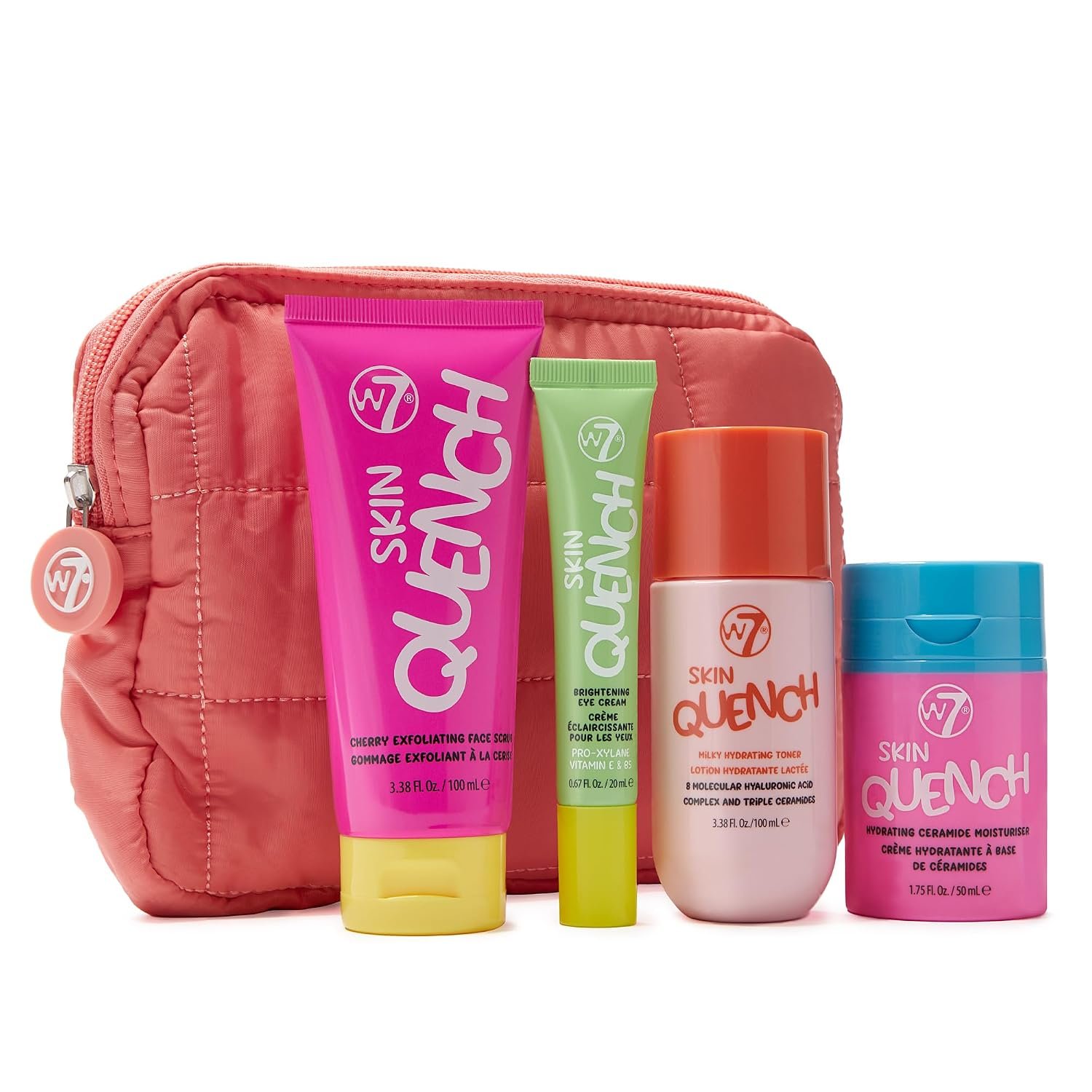 W7 Skin Quench Hydrate & Tone Skincare Set – Ceramide Moisturizer, Under-Eye Cream, Cherry Face Scrub, Milky Toner & Reusable Wash Bag – Hydrating Face Routine