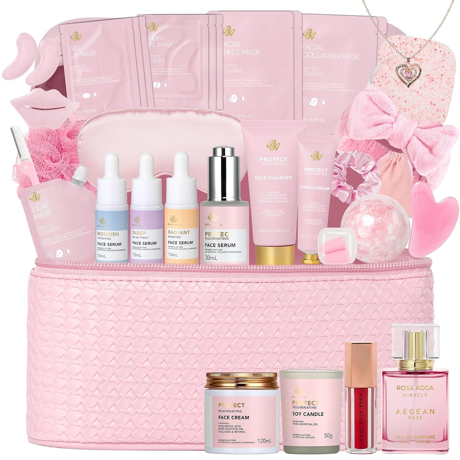 Gifts for Women, Birthday Gifts, 33 Pcs Rose Hydrating Face Skin Care Gifts Set, Bath & Body Spa Gifts Basket Set for Women, Beauty Care Kit, Makeup Bag, Face Serum, Christmas, Anniversary, Wife, Mom