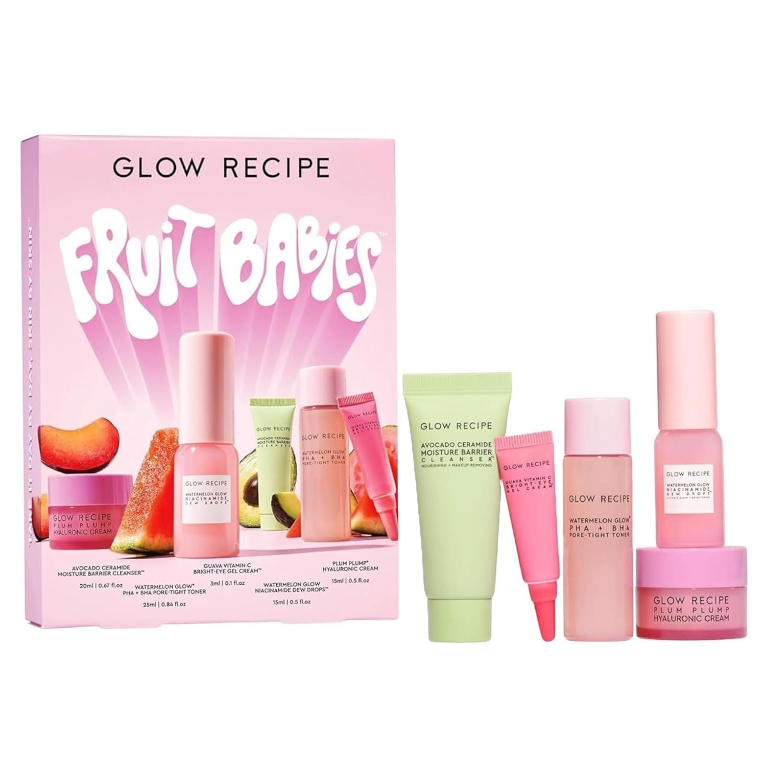 Glow Recipe Fruit Babies Skincare Kit – Gift Set with Ceramide Facial Cleanser + BHA Toner + Vitamin C Eye Cream + Hyaluronic Acid Cream + Niacinamide Dew Drops (5 Count)