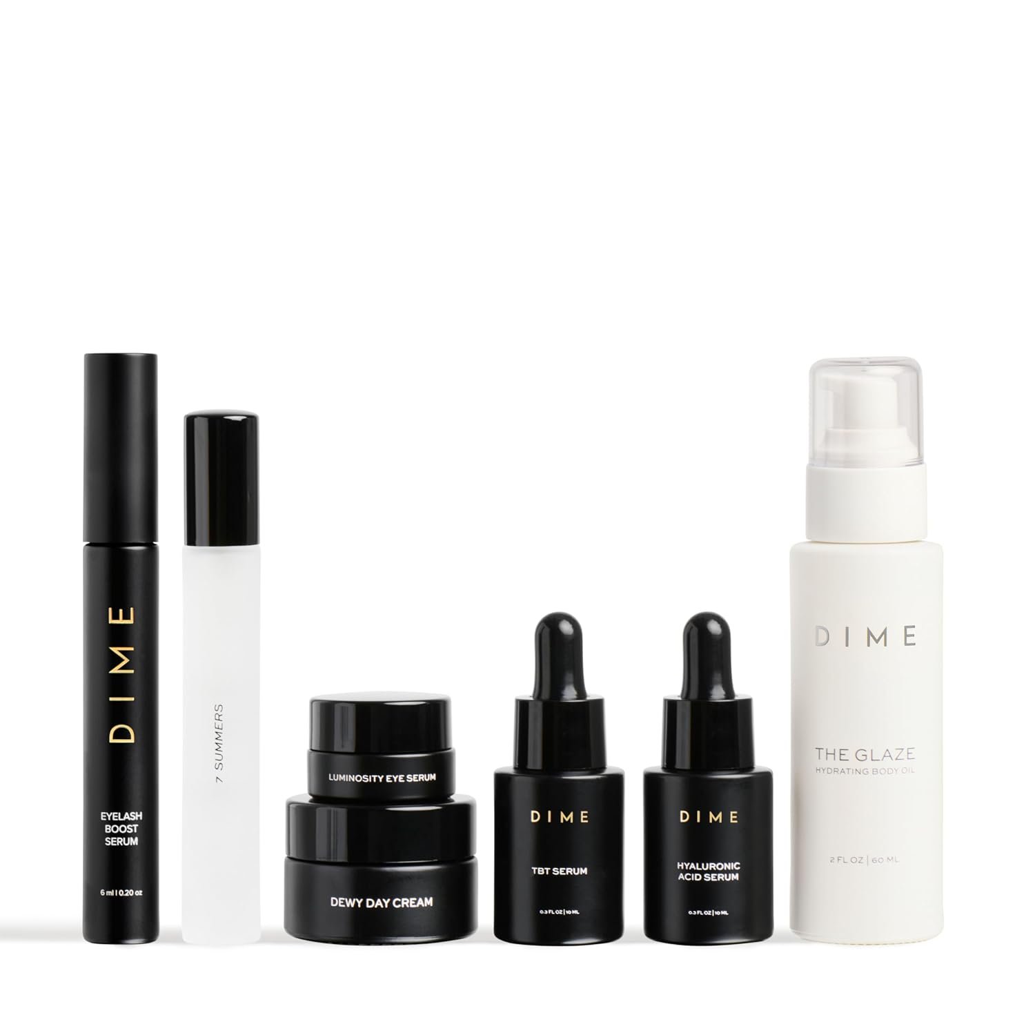 DIME Beauty Icons Collection – Travel Size Skincare Discovery Set with 7 Summers Perfume, Eyelash Boost Serum, Luminosity Eye, Glaze Body Oil, Hyaluronic Acid, Dewy Day Cream and TBT Serum