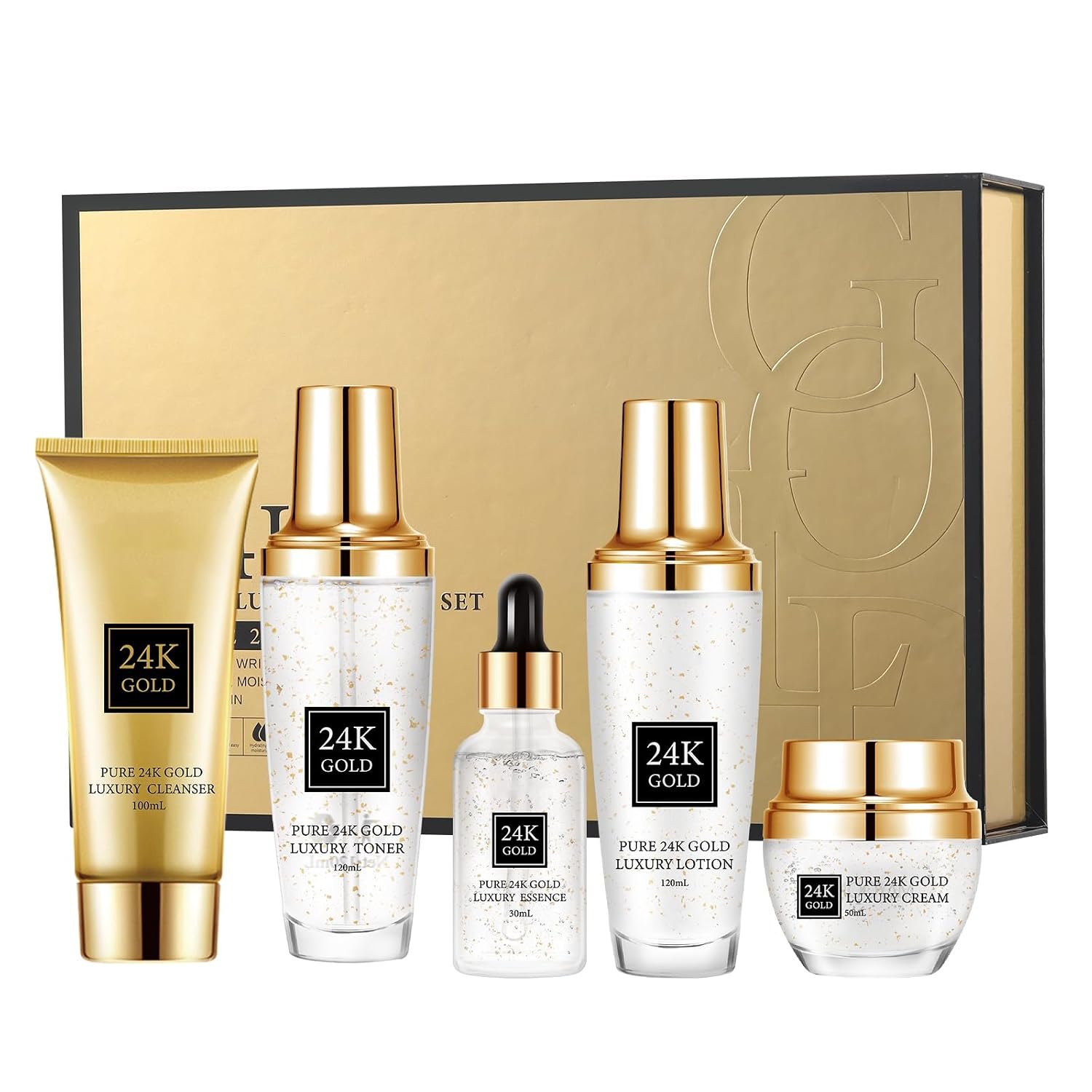 24K Gold Skincare Set,Moisturizing Face Skincare Kit 5PCS | Facial Cleanser,Face Serum,Face Cream,Face Lotion,Face Toner,24K Women Skincare Set For All Skin Types