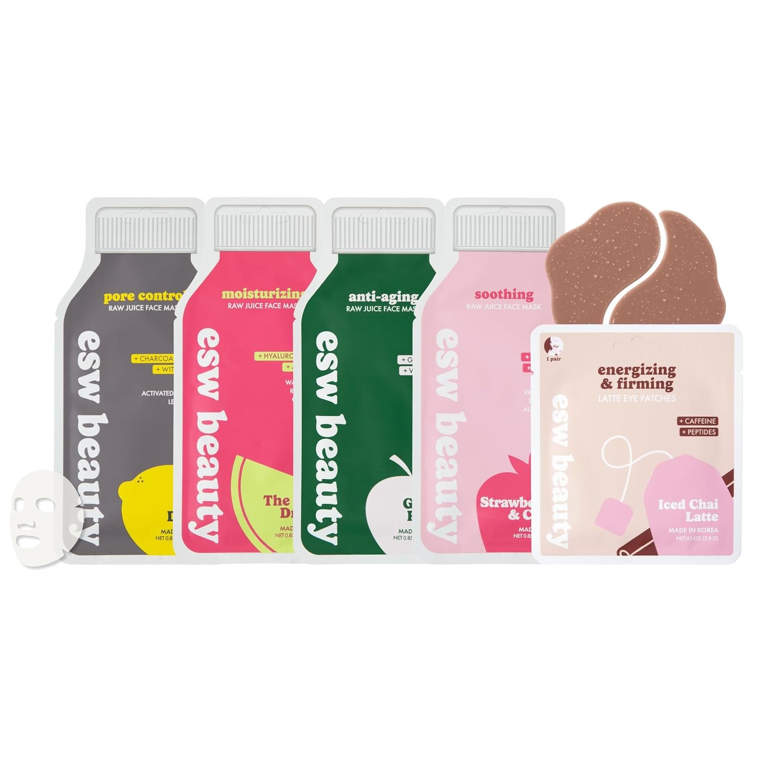 ESW Beauty Most Loved K Beauty Skincare Set – Korean Face Masks & Under Eye Patches – Iced Chai Latte Eye Patches – Strawberries & Cream, Deep Detox, The Pink Dream, & Green Reset Face Masks