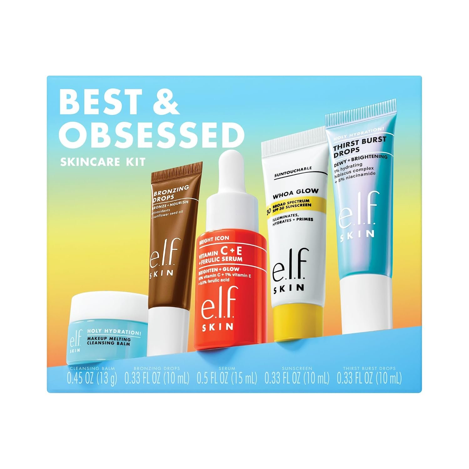 e.l.f. SKIN Best & Obsessed Skincare Kit | Travel-Size Makeup Remover, Sunscreen & Brightening Serums For Glowy Skin, Vegan & Cruelty-Free