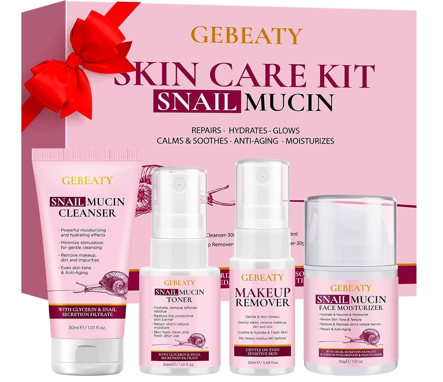 Snail Mucin Skincare Set, 4 Step Routine for Hydrated & Firm-Looking Skin